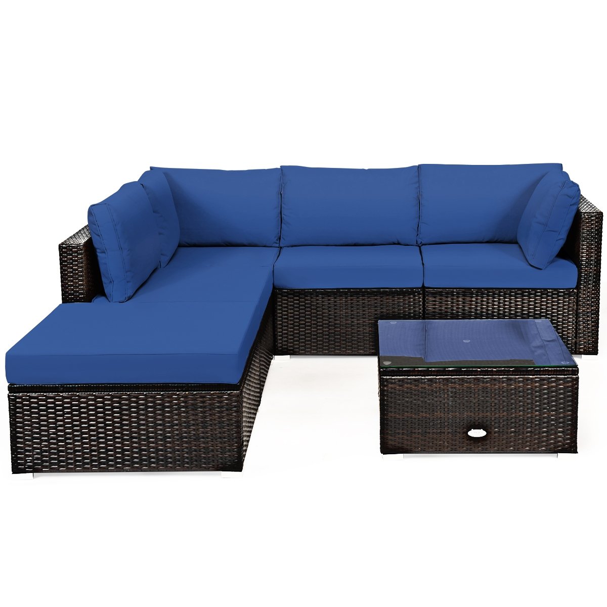6 Pieces Outdoor Patio Rattan Furniture Set Sofa Ottoman-Coffee