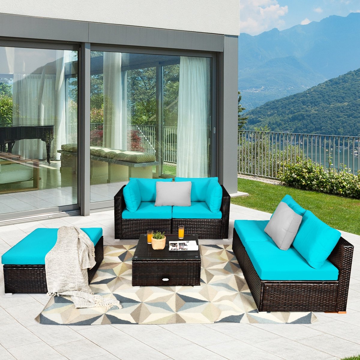 6 Pieces Outdoor Patio Rattan Furniture Set Sofa Ottoman-Coffee