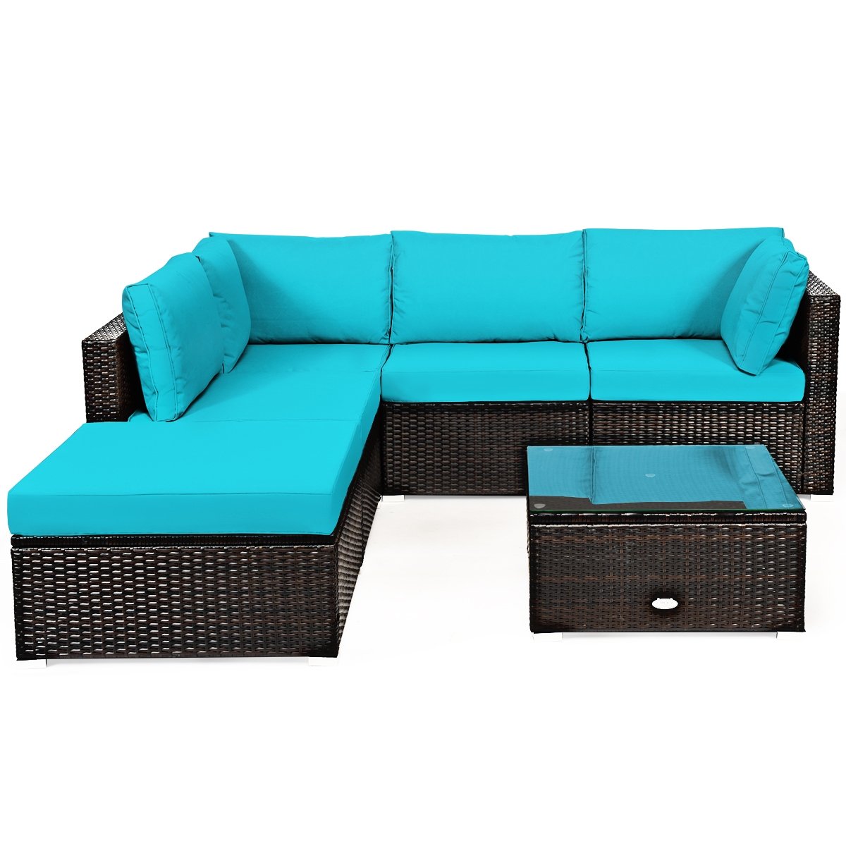 6 Pieces Outdoor Patio Rattan Furniture Set Sofa Ottoman-Coffee