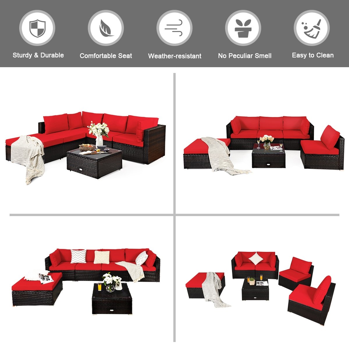 6 Pieces Outdoor Patio Rattan Furniture Set Sofa Ottoman-Coffee