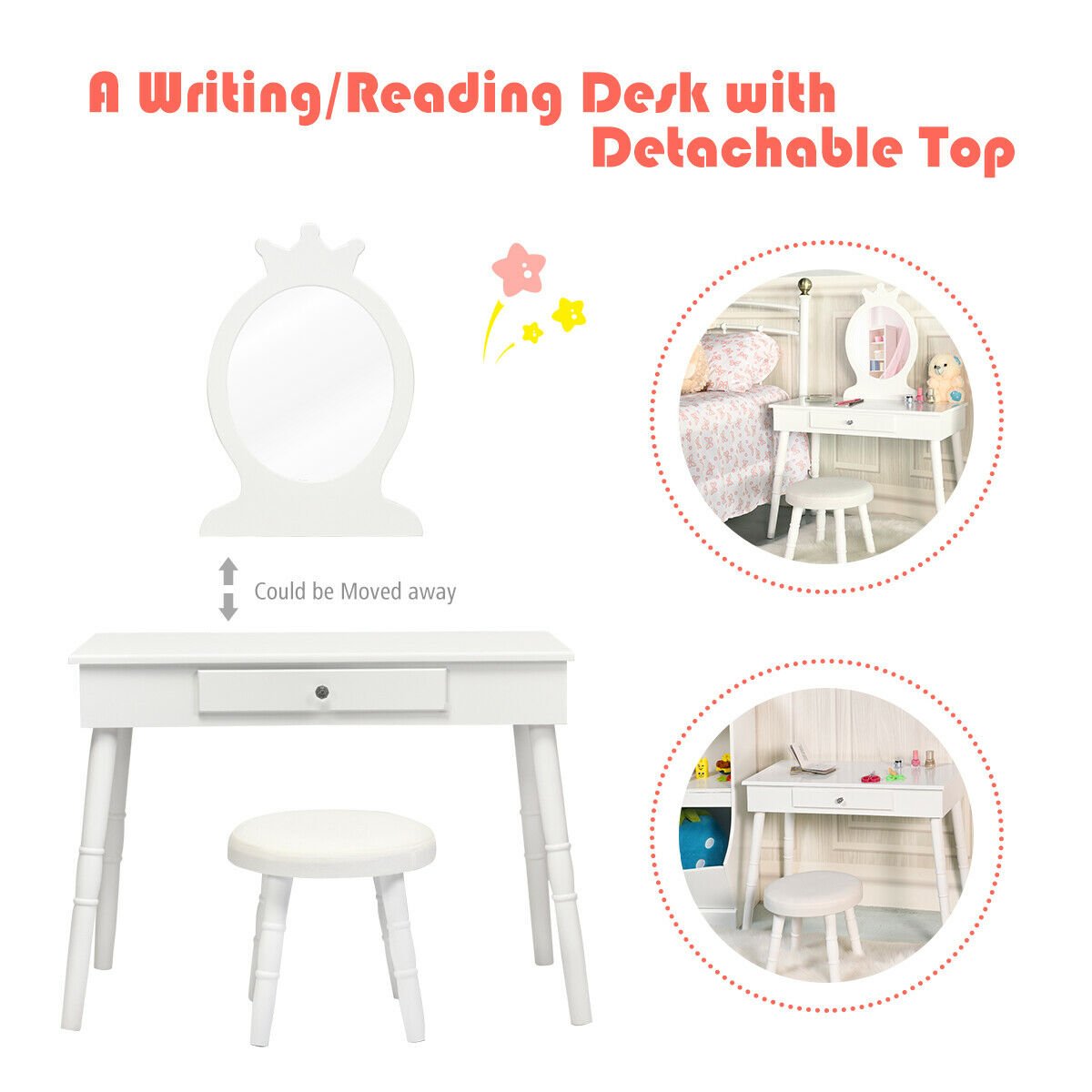 Kids Vanity Makeup Table and Chair Set Make Up Stool