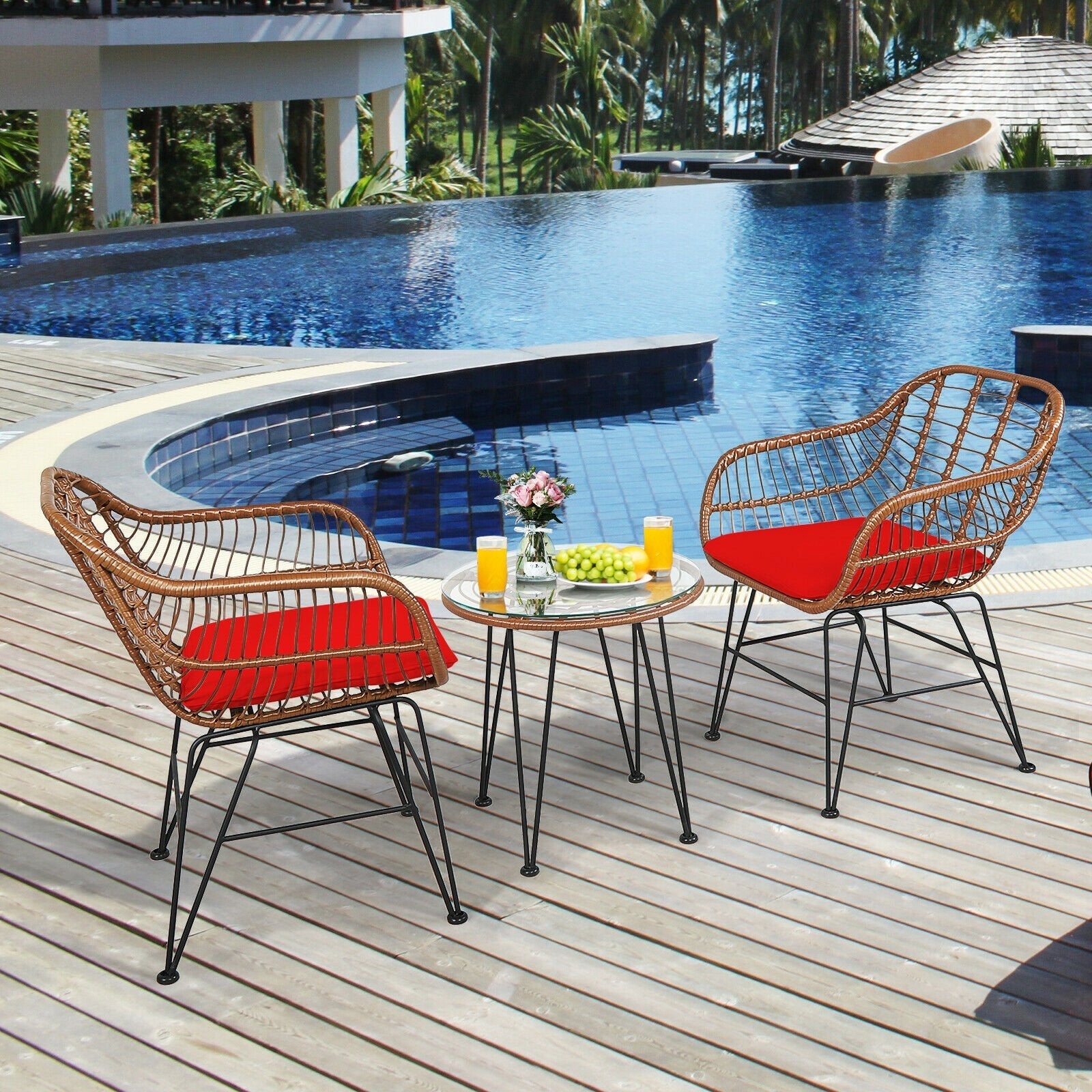 3 Pieces Patio Rattan Bistro Set with Cushion-Black