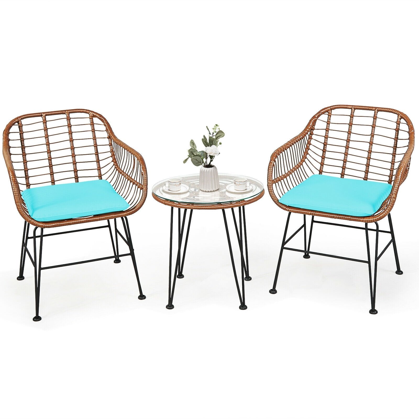 3 Pieces Patio Rattan Bistro Set with Cushion-Black