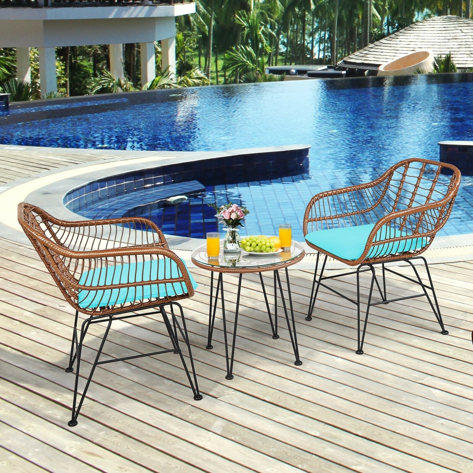 3 Pieces Patio Rattan Bistro Set with Cushion-Black