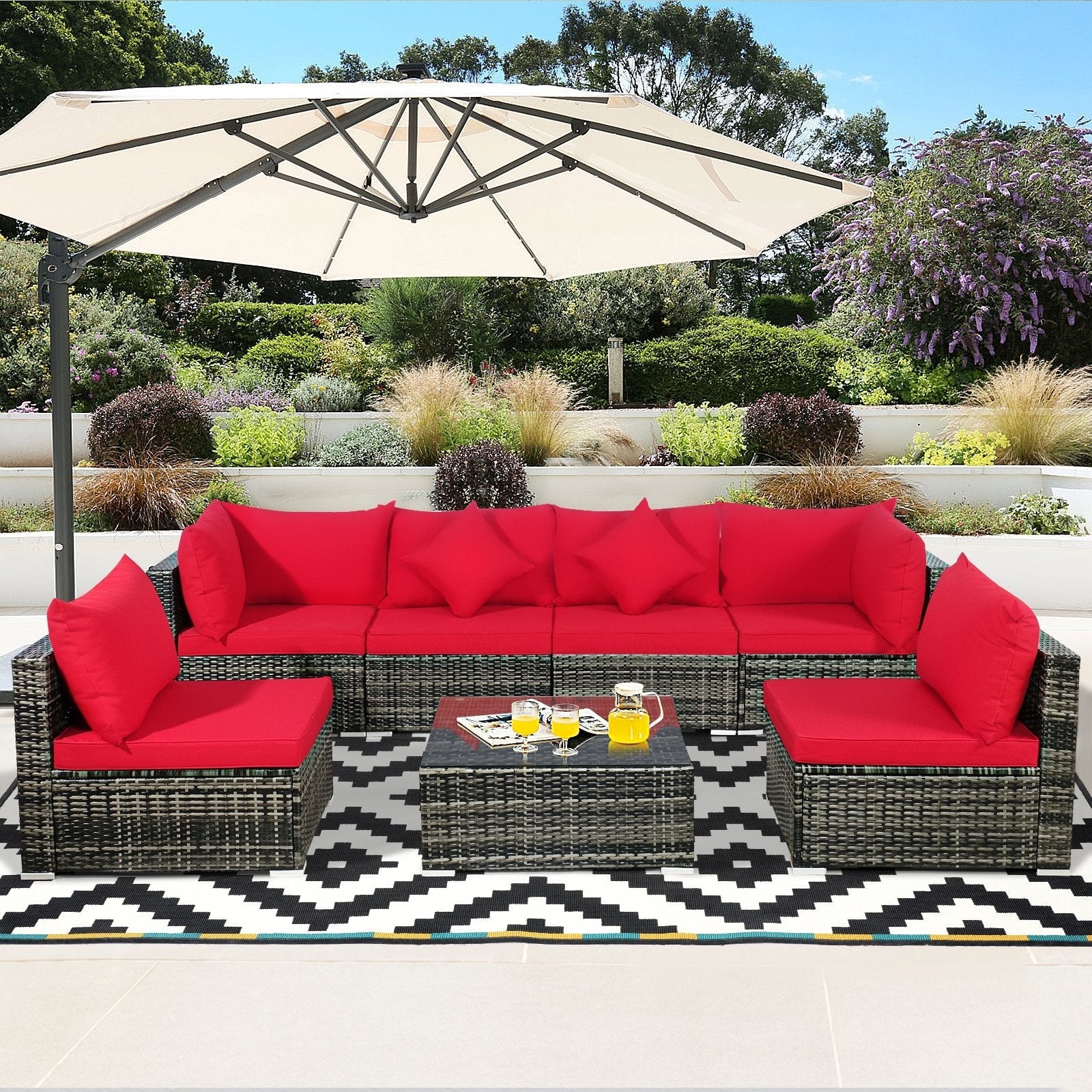 7 Pieces Patio Rattan Furniture Set with Sectional Sofa Cushioned-Beige