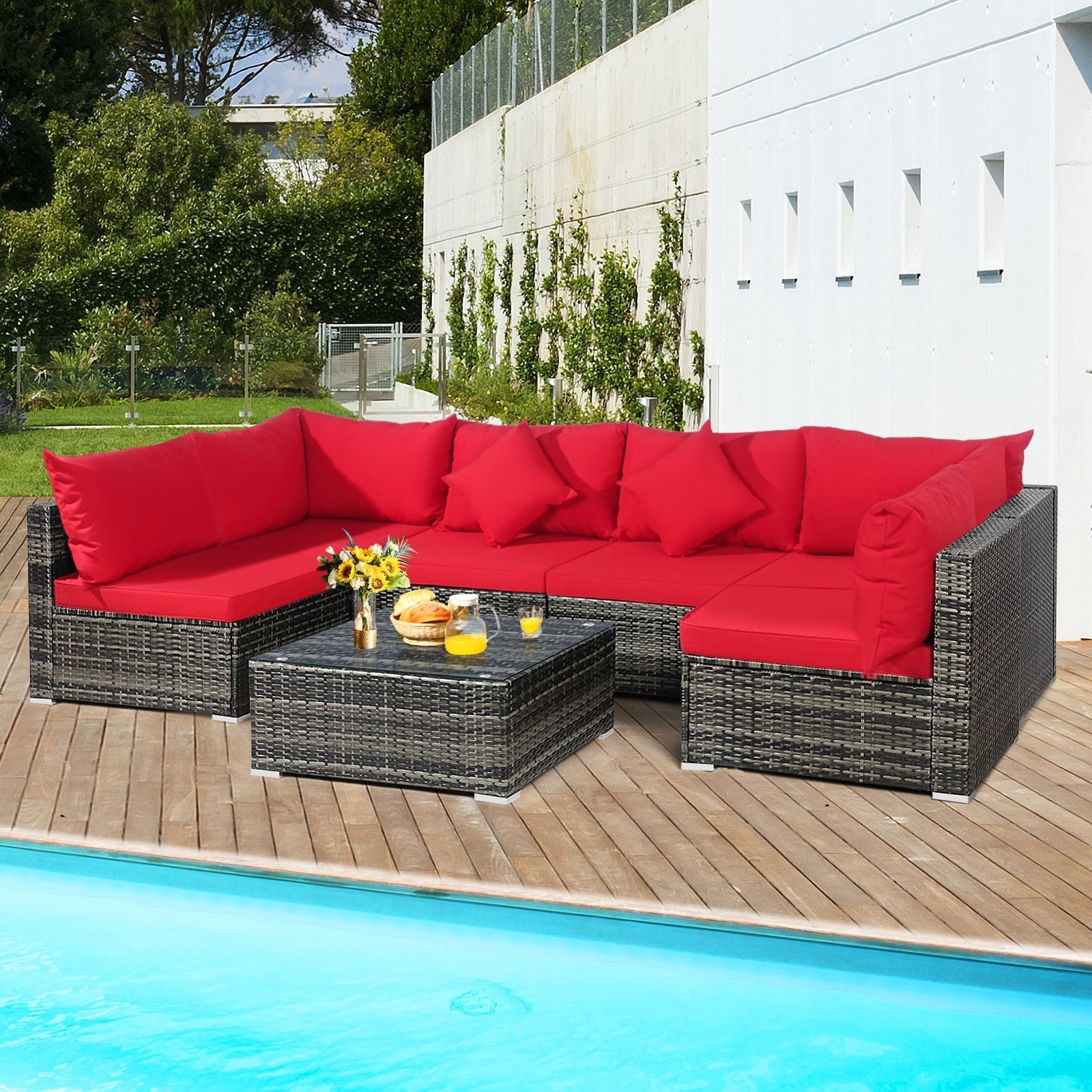 7 Pieces Patio Rattan Furniture Set with Sectional Sofa Cushioned-Beige
