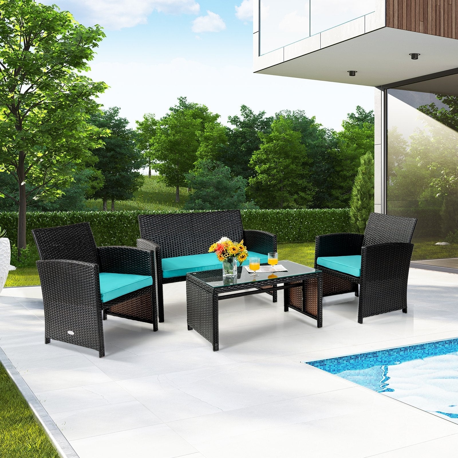4 Pieces Patio Rattan Cushioned Furniture Set with Coffee Table-Black