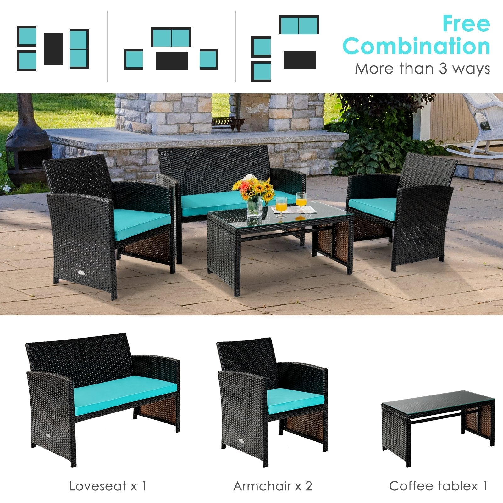 4 Pieces Patio Rattan Cushioned Furniture Set with Coffee Table-Black