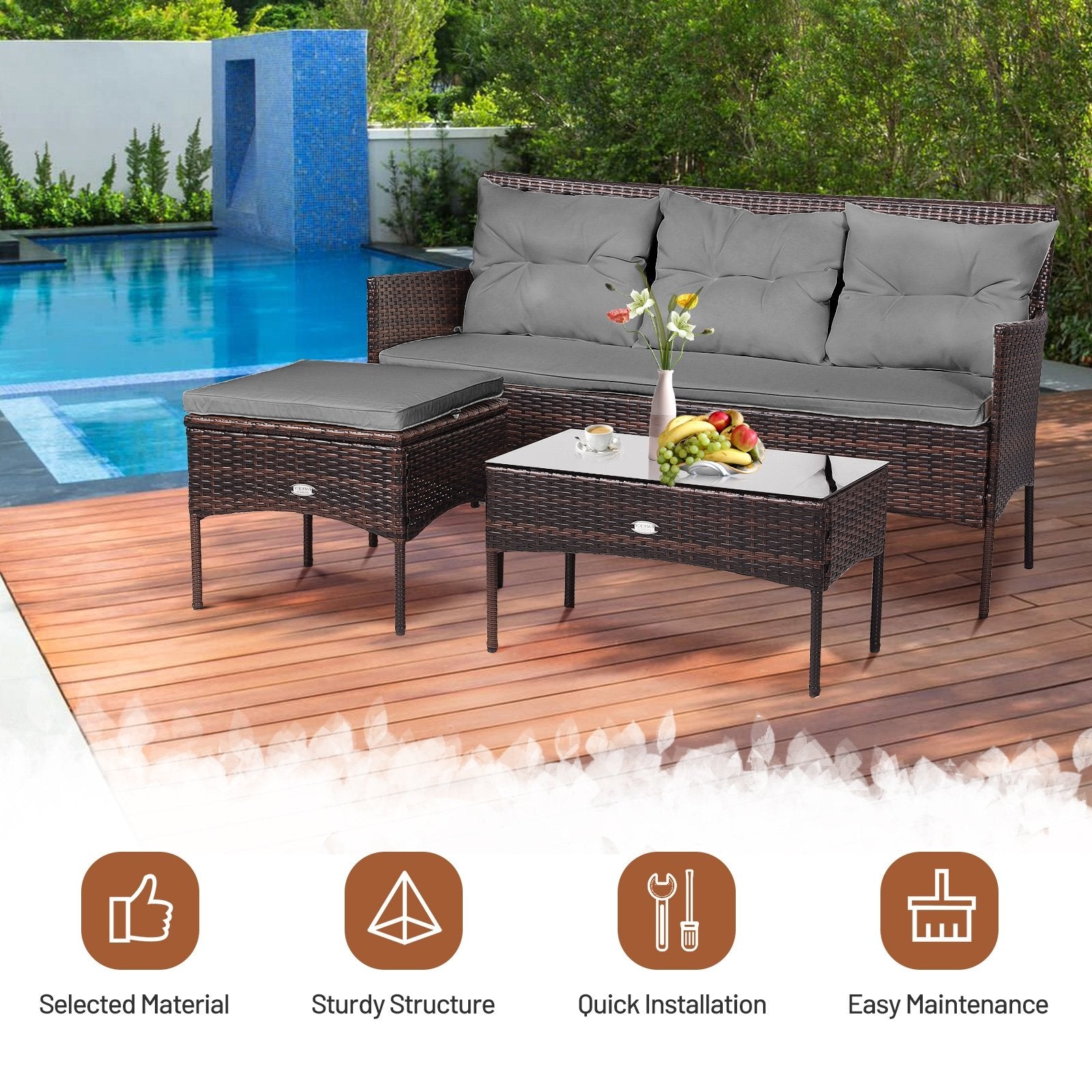 3 Pieces Patio Furniture Sectional Set with 5 Cozy Cushions-Black