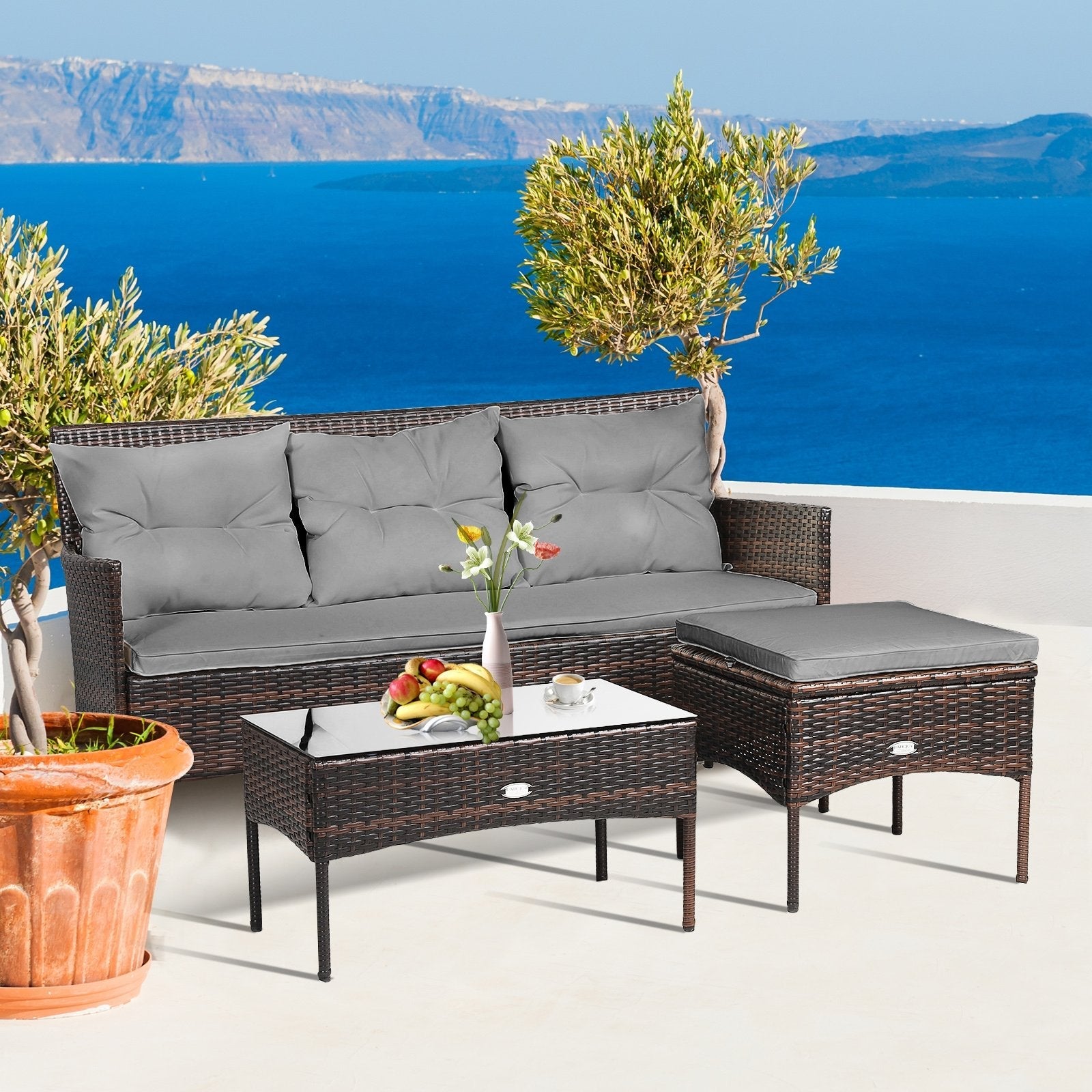 3 Pieces Patio Furniture Sectional Set with 5 Cozy Cushions-Black