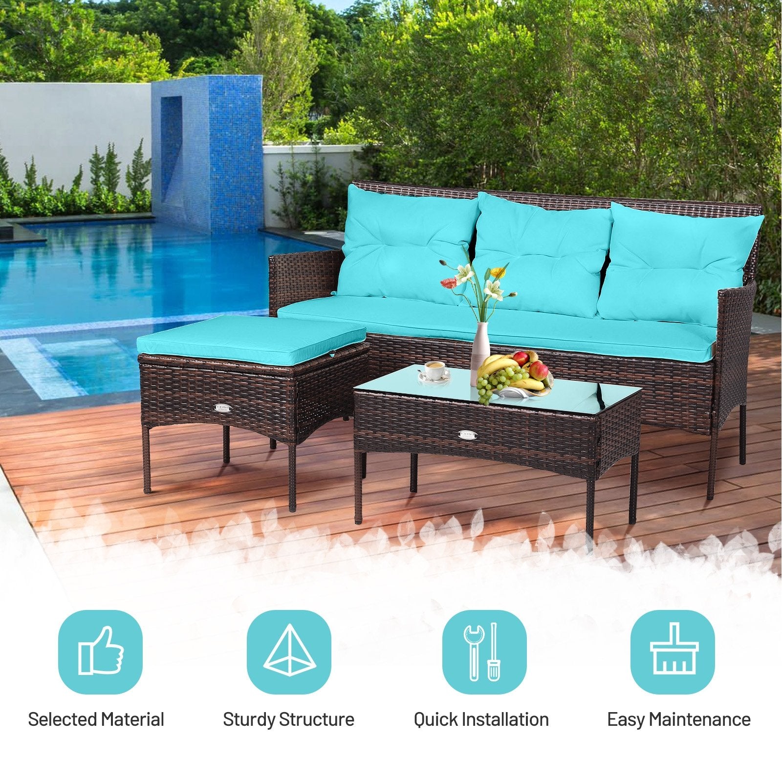 3 Pieces Patio Furniture Sectional Set with 5 Cozy Cushions-Black