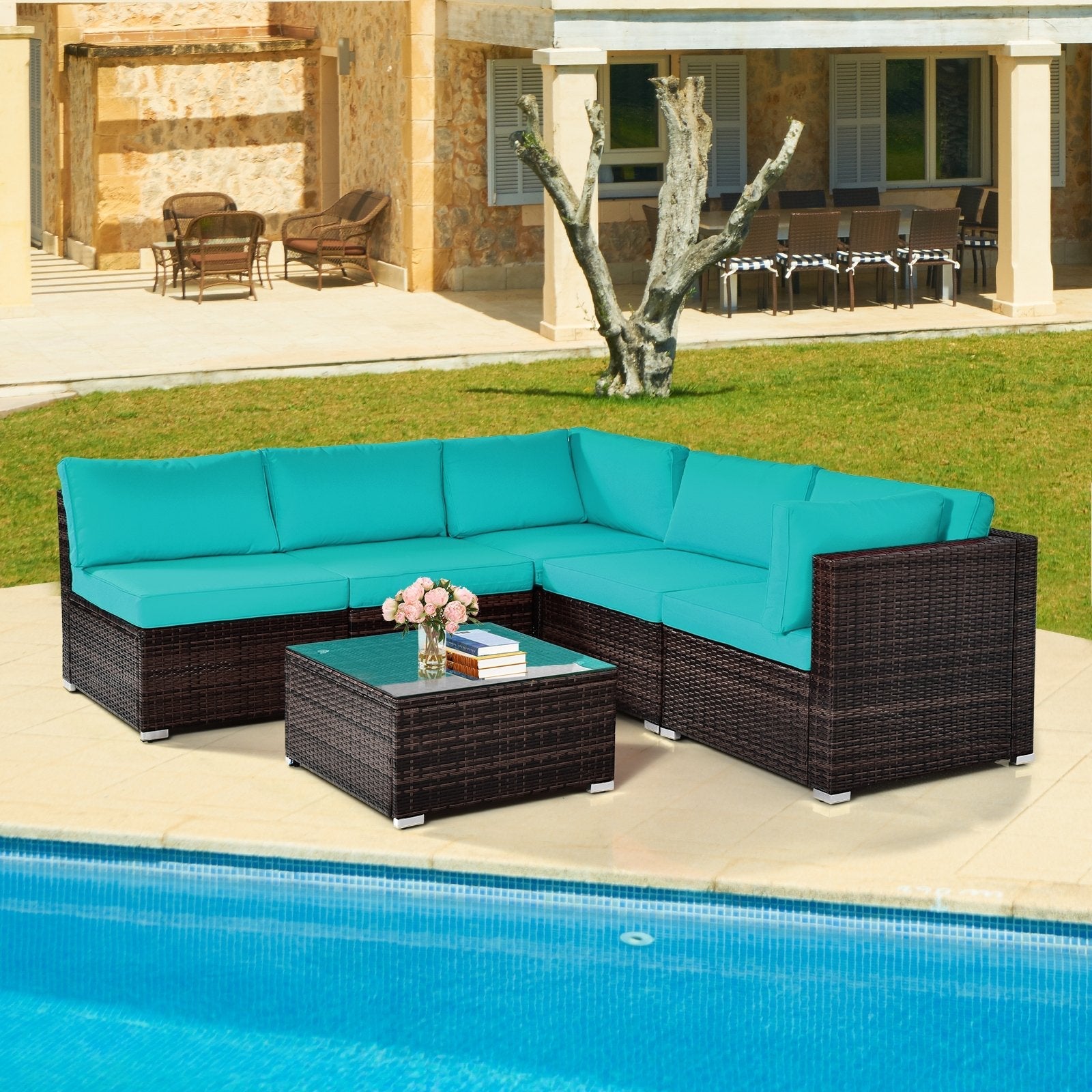 6 Pieces Patio Rattan Furniture Set with Cushions and Glass Coffee Table-Black