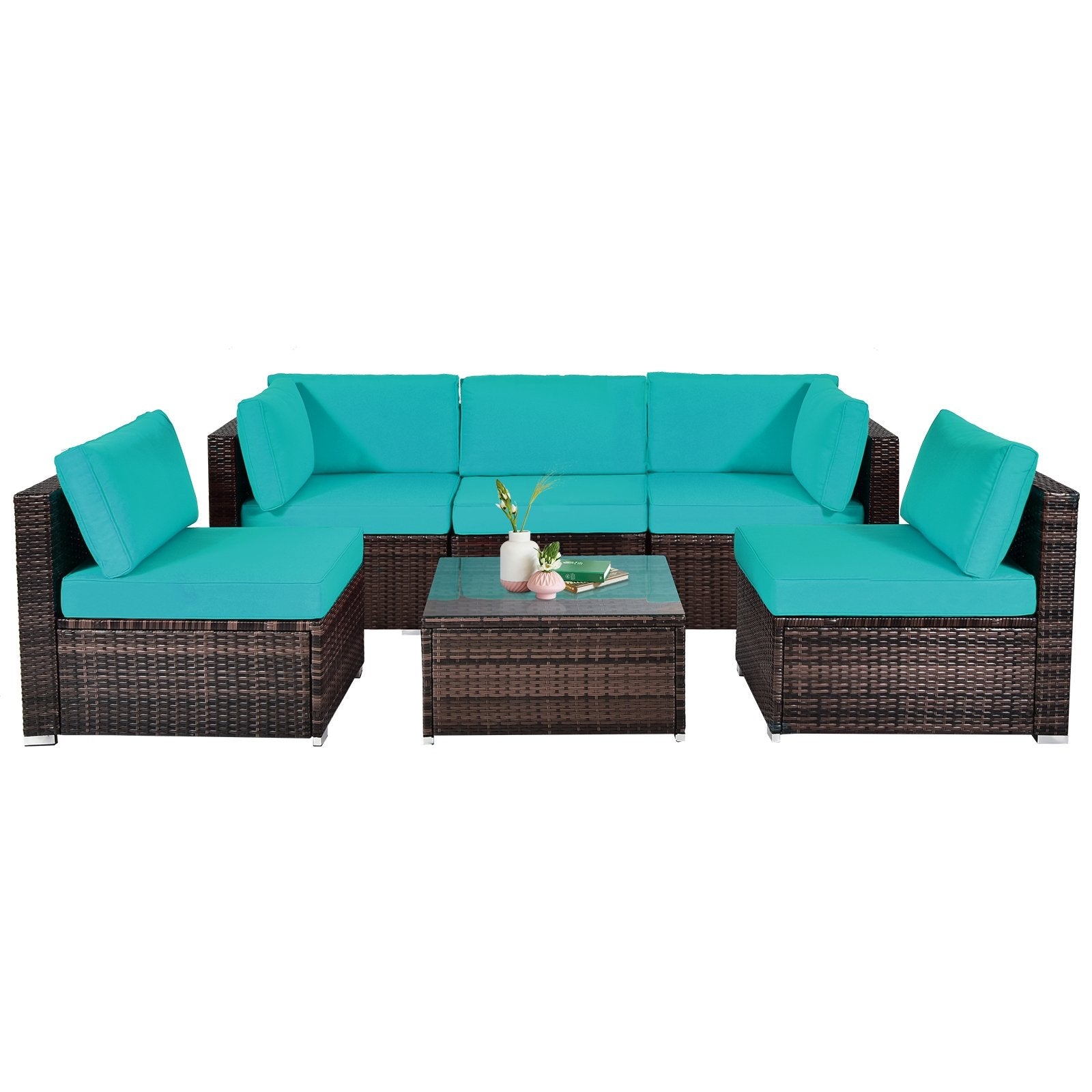 6 Pieces Patio Rattan Furniture Set with Cushions and Glass Coffee Table-Black