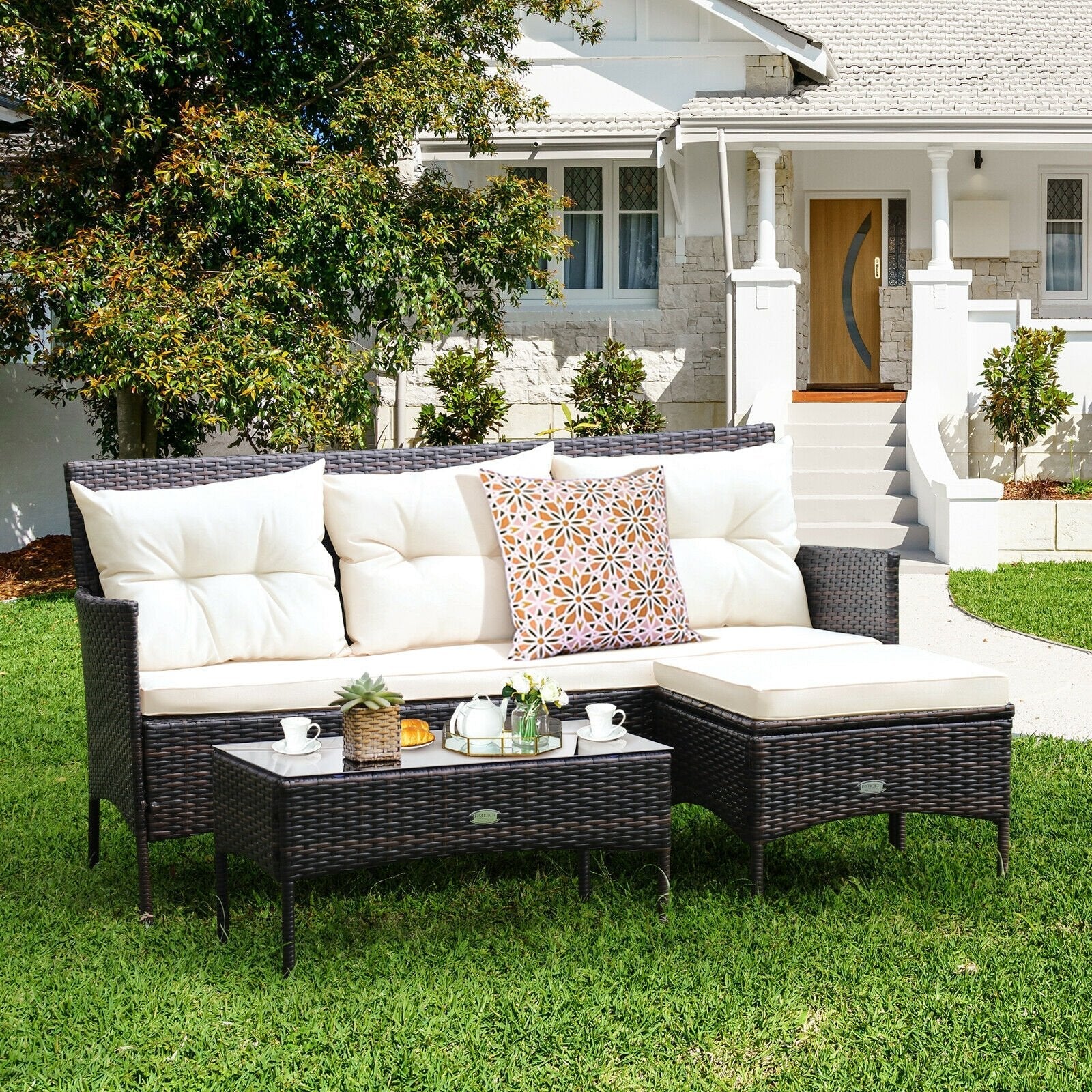 3 Pieces Patio Furniture Sectional Set with 5 Cozy Cushions-Black