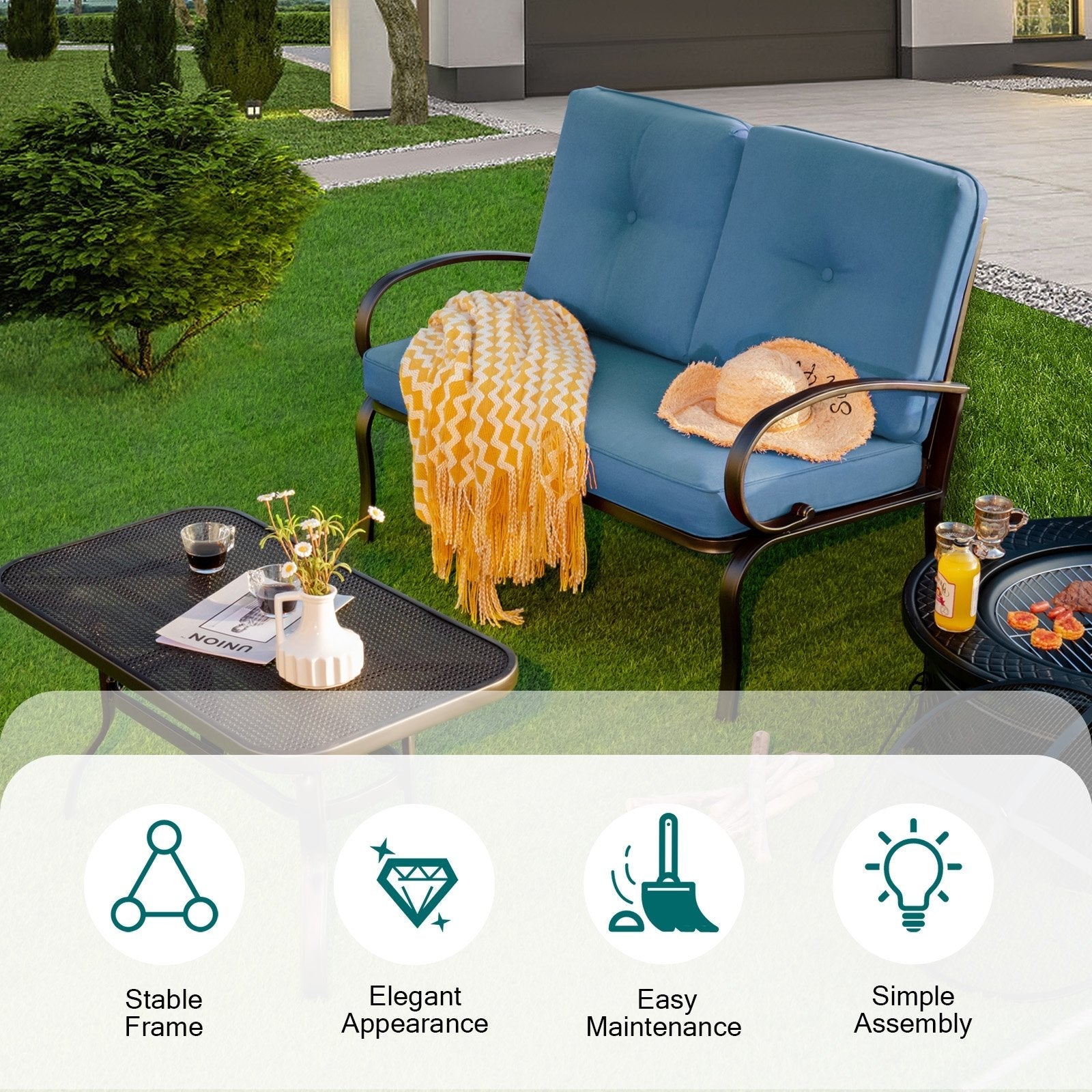 2 Pieces Patio Outdoor Cushioned Coffee Table Seat-Beige