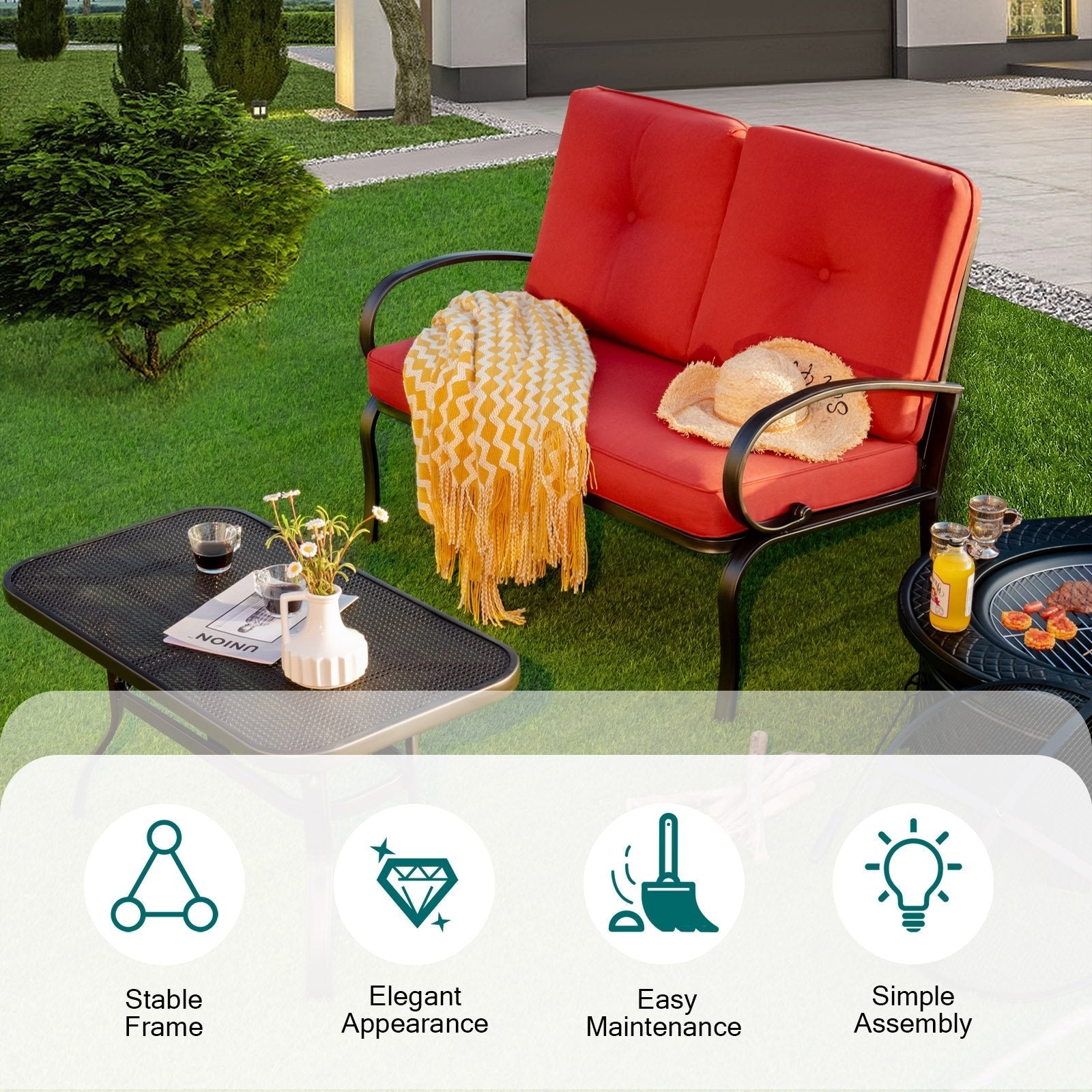 2 Pieces Patio Outdoor Cushioned Coffee Table Seat-Beige