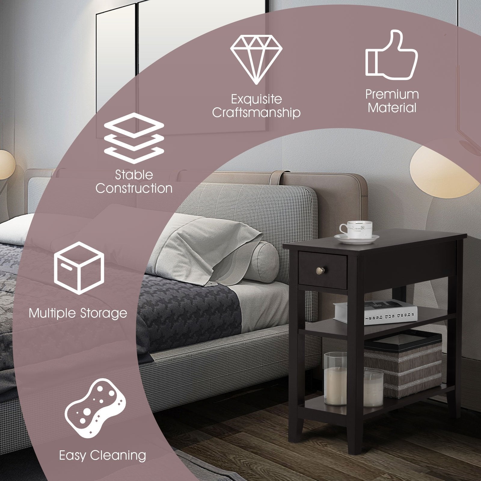 3-Tier Nightstand Bedside Table Sofa Side with Double Shelves Drawer-Black