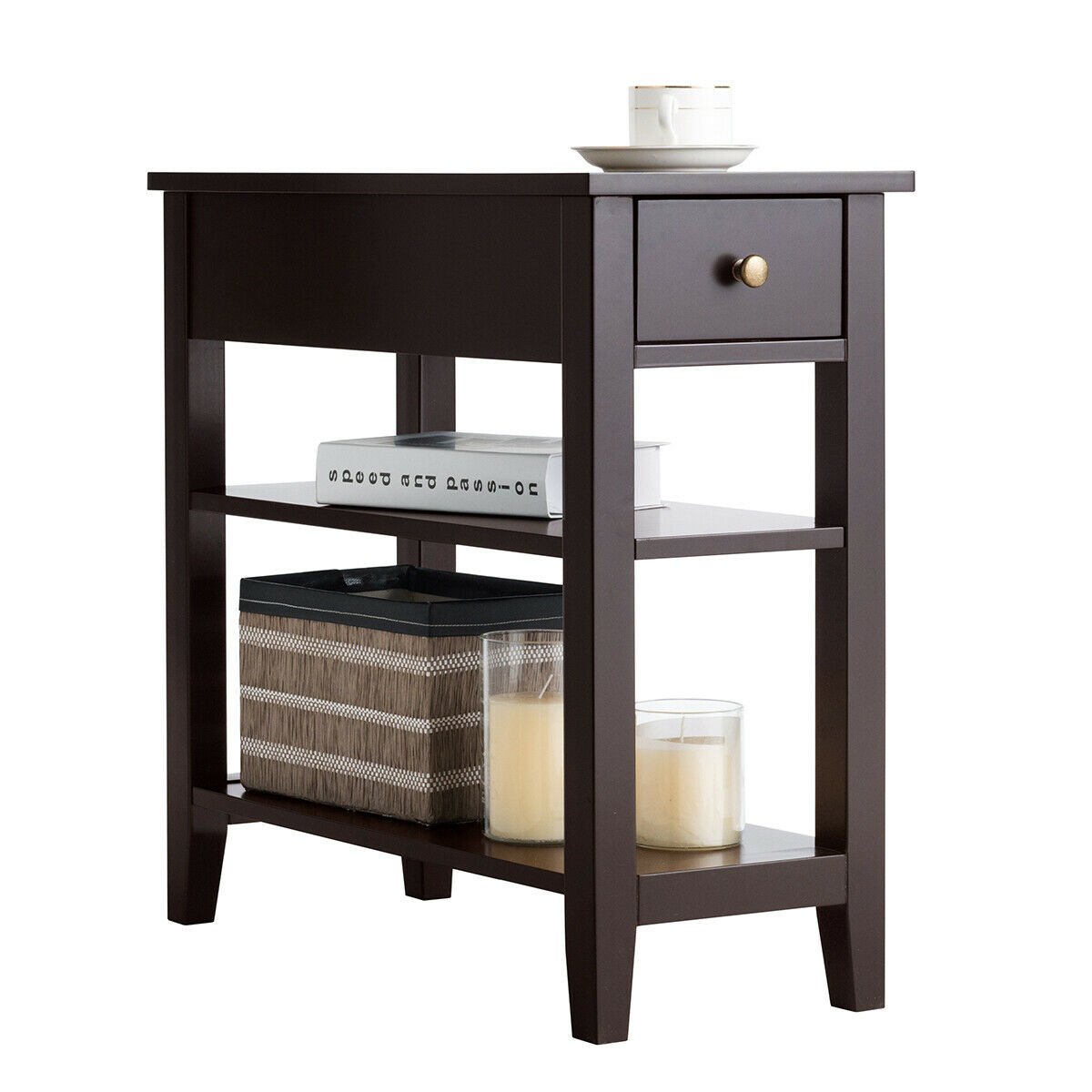 3-Tier Nightstand Bedside Table Sofa Side with Double Shelves Drawer-Black