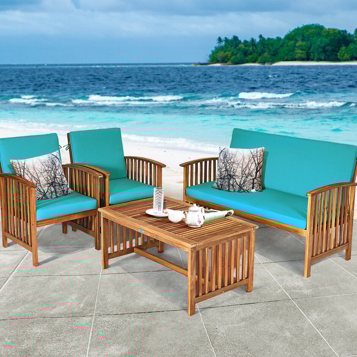 4PCS Patio Solid Wood Furniture Set-Beige