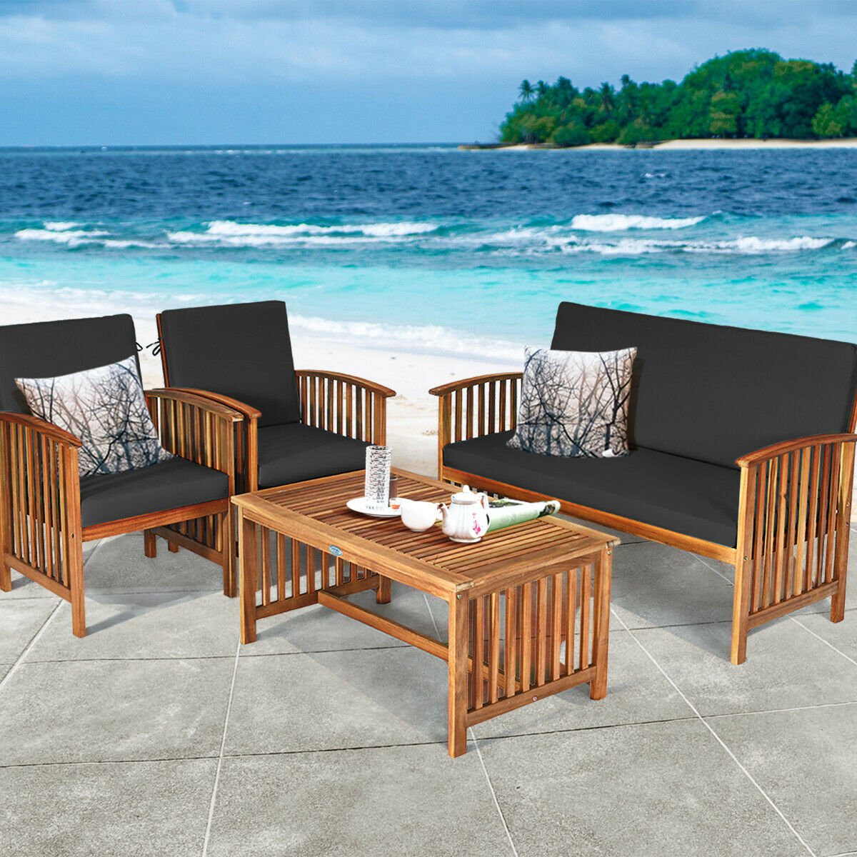 4PCS Patio Solid Wood Furniture Set-Beige
