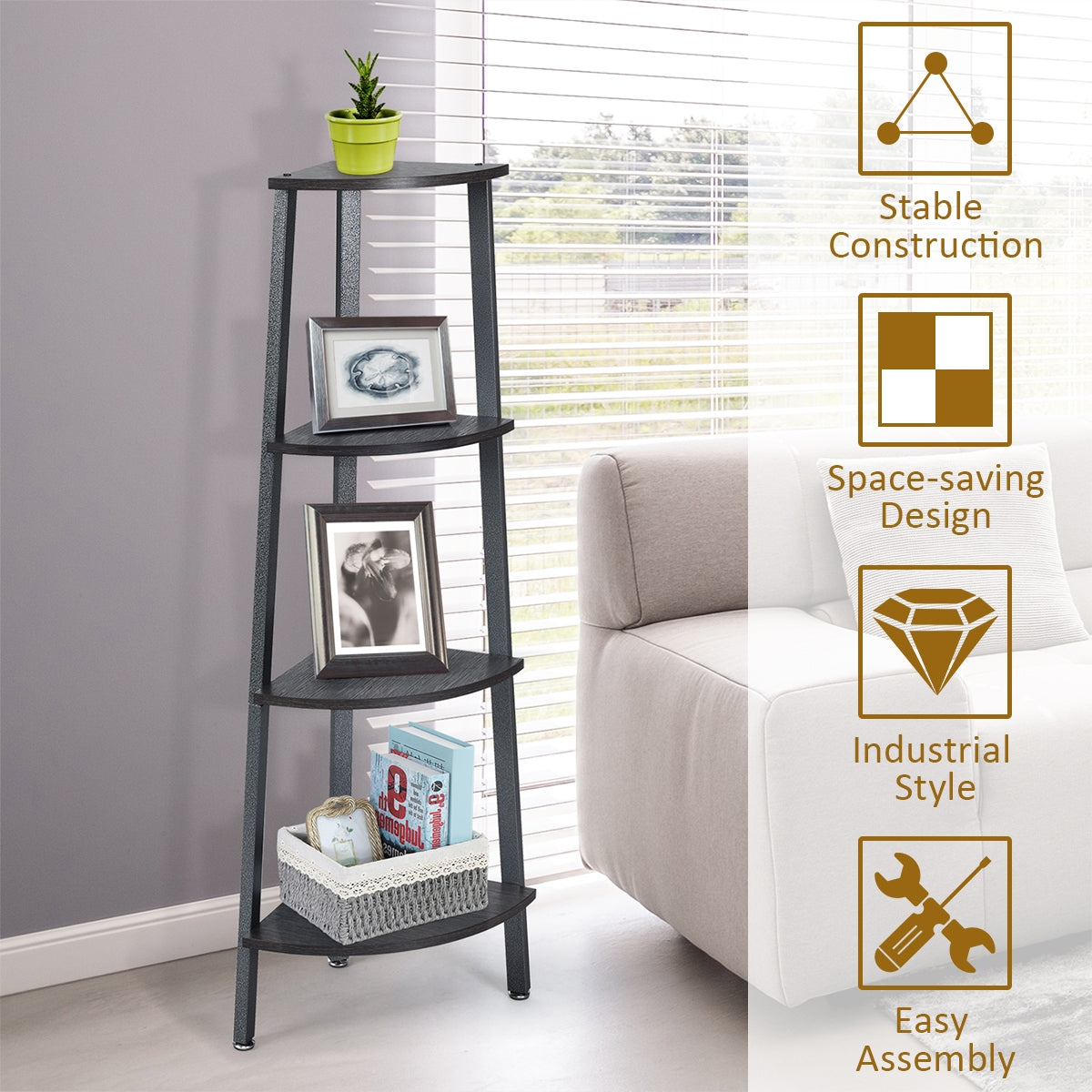 4-Tier Corner Shelf Metal Storage Rack Domestic Bookcase-Brown