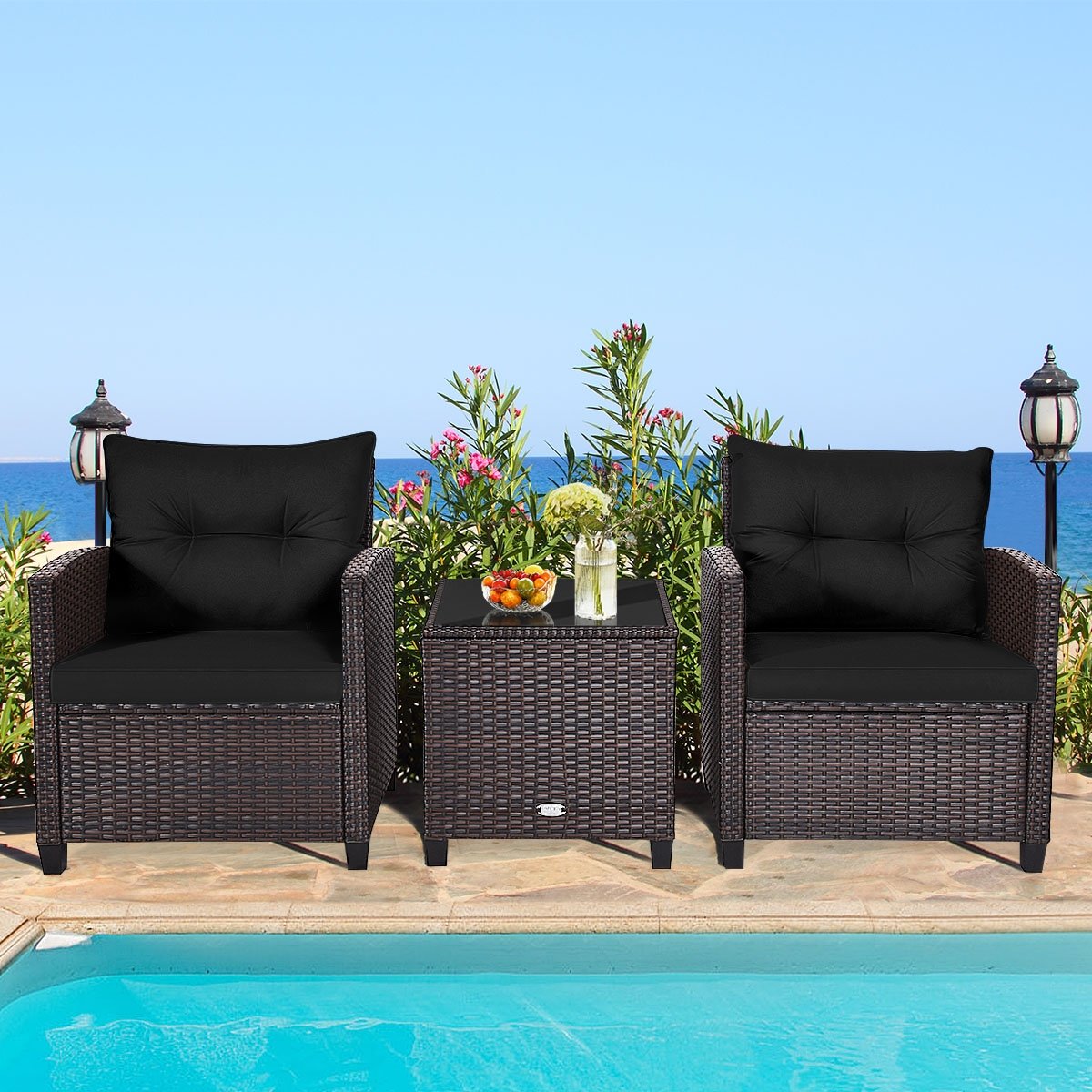 3 Pieces Patio Rattan Furniture Set with 4 Removable Cushions