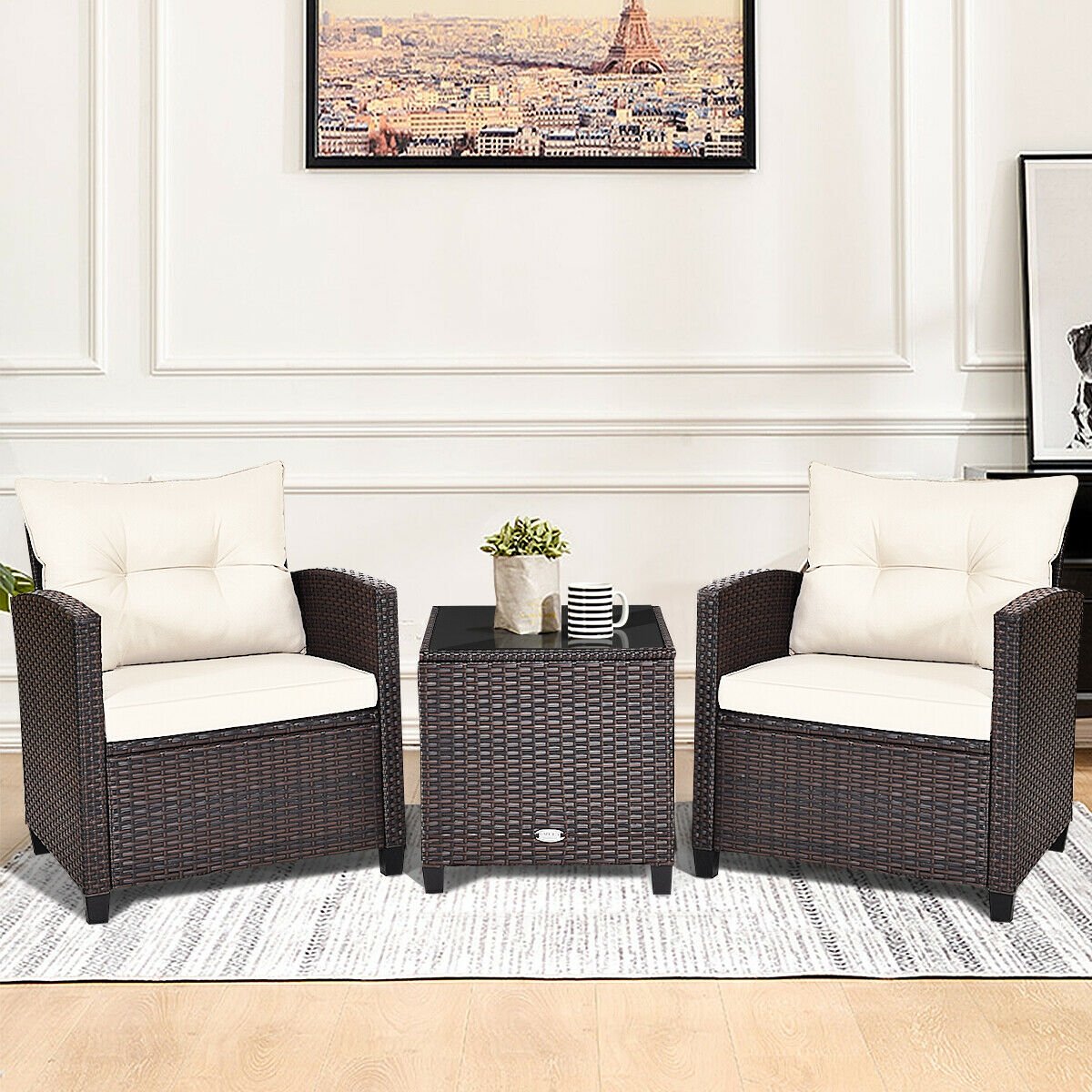 3 Pieces Patio Rattan Furniture Set with 4 Removable Cushions