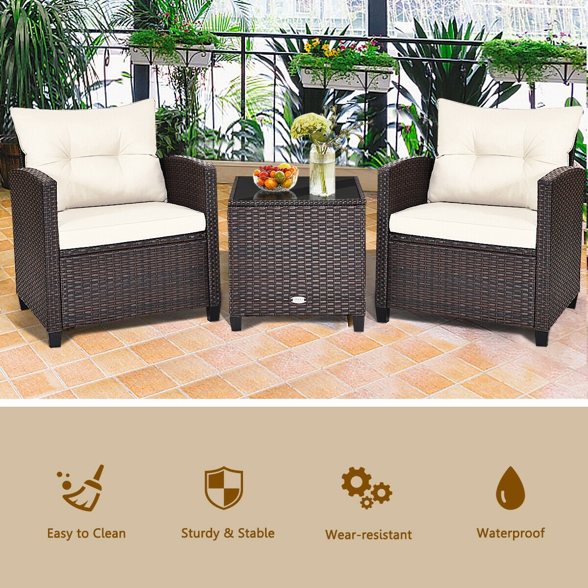 3 Pieces Patio Rattan Furniture Set with 4 Removable Cushions