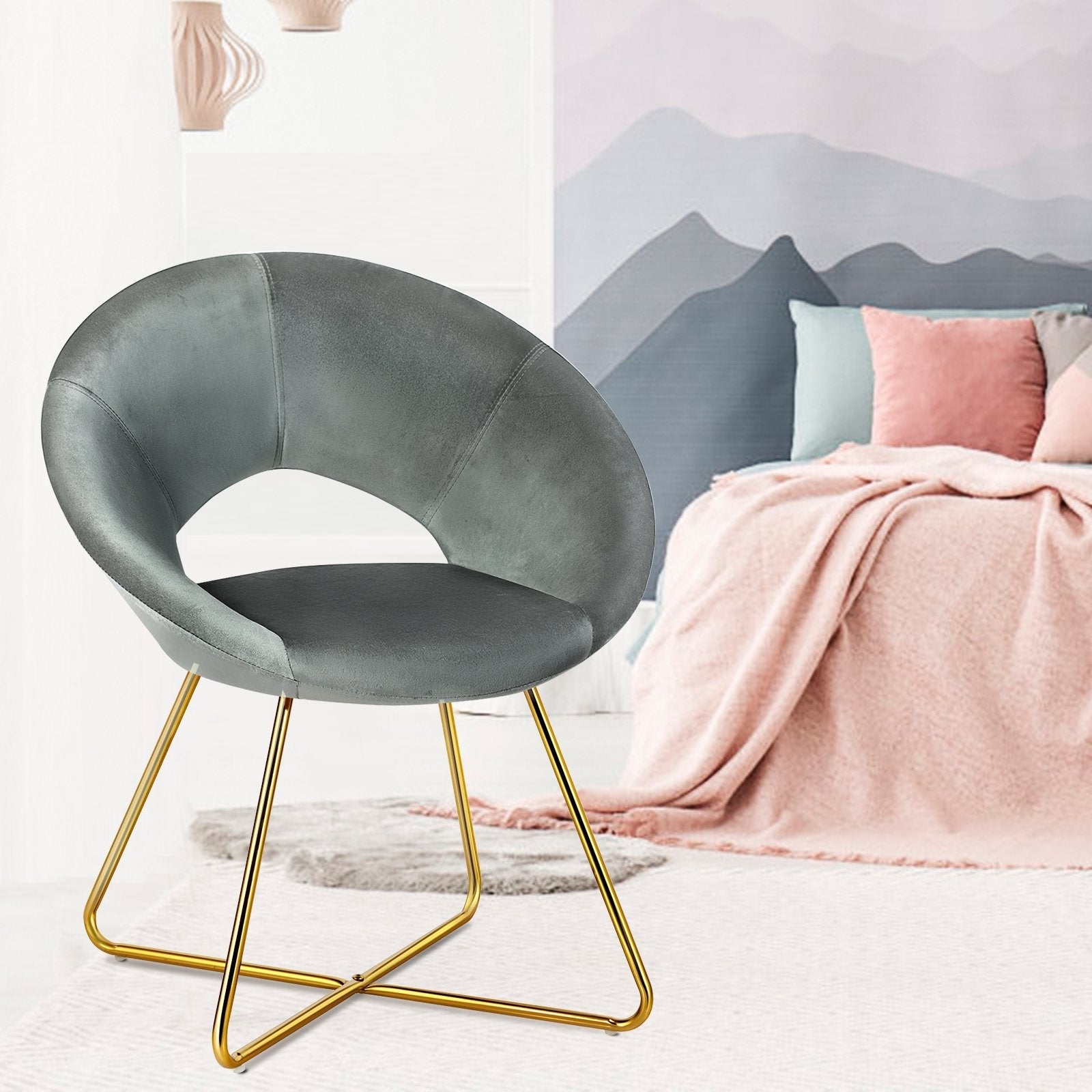 Modern Accent Velvet Dining Arm Chair with Golden Metal Legs and Soft Cushion-Dark Green