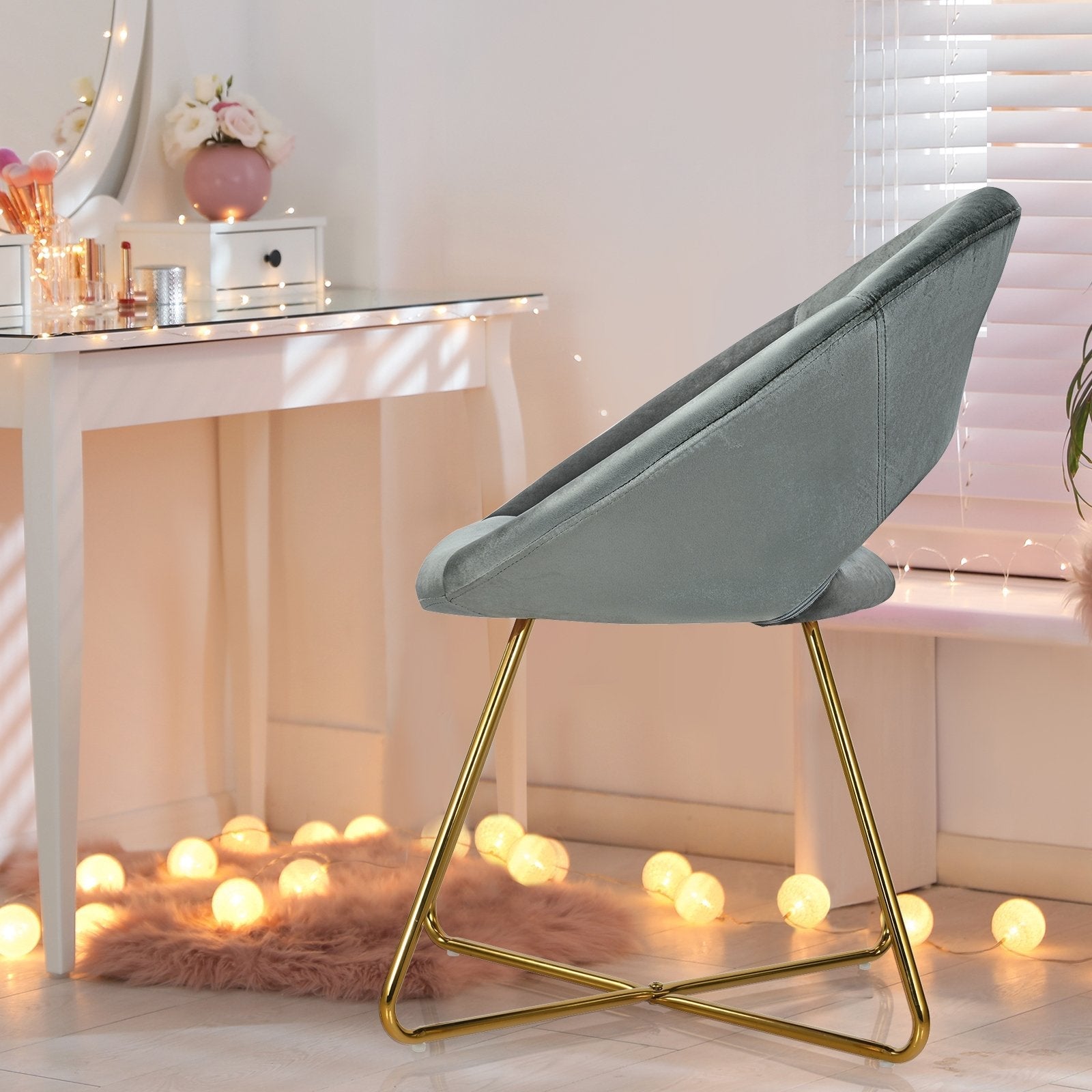 Modern Accent Velvet Dining Arm Chair with Golden Metal Legs and Soft Cushion-Dark Green