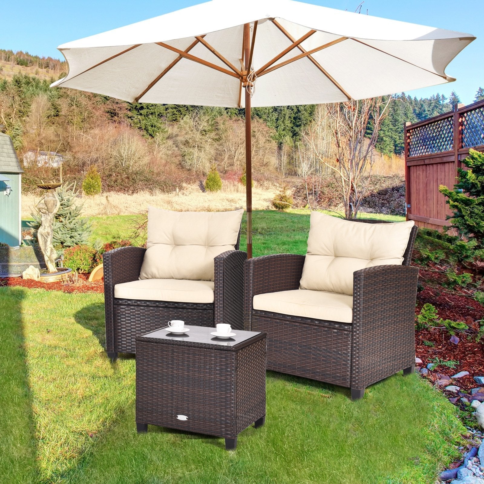 3 Pieces Patio Rattan Furniture Set with 4 Removable Cushions