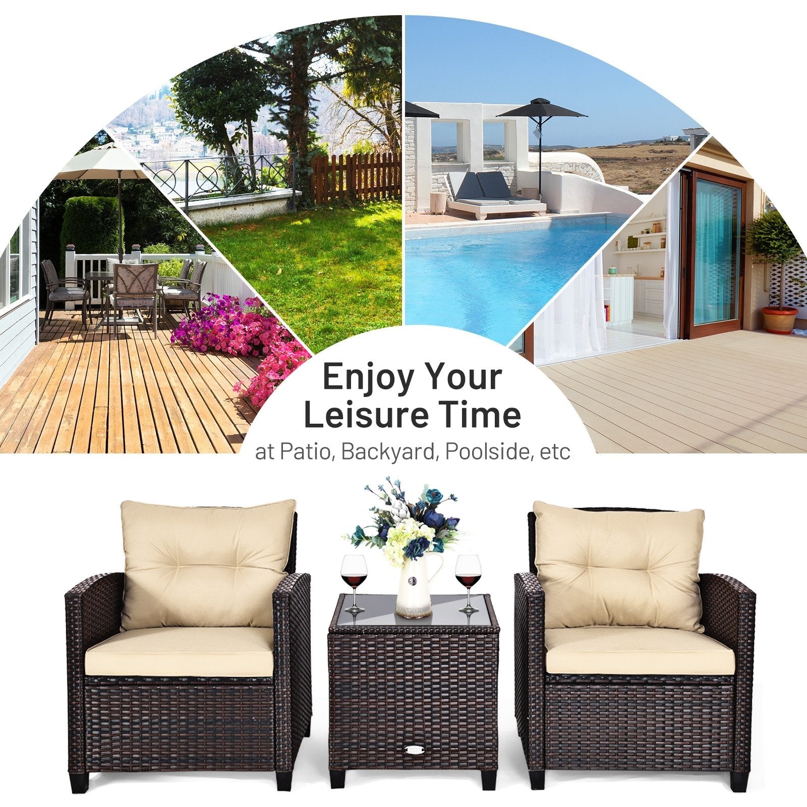 3 Pieces Patio Rattan Furniture Set with 4 Removable Cushions
