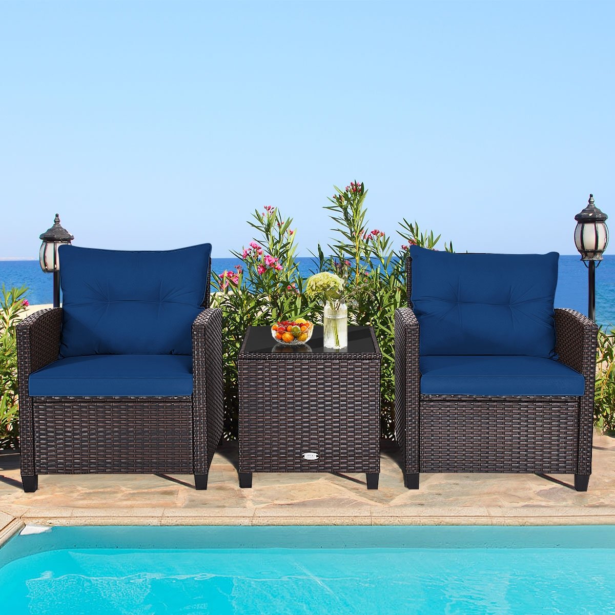 3 Pieces Patio Rattan Furniture Set with 4 Removable Cushions