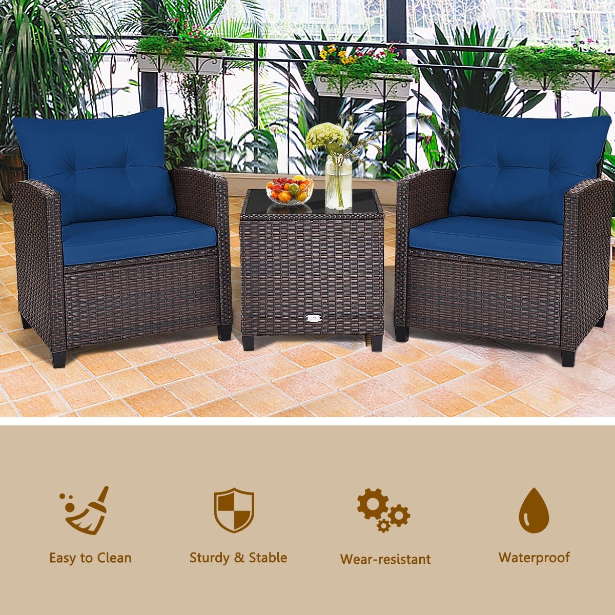 3 Pieces Patio Rattan Furniture Set with 4 Removable Cushions