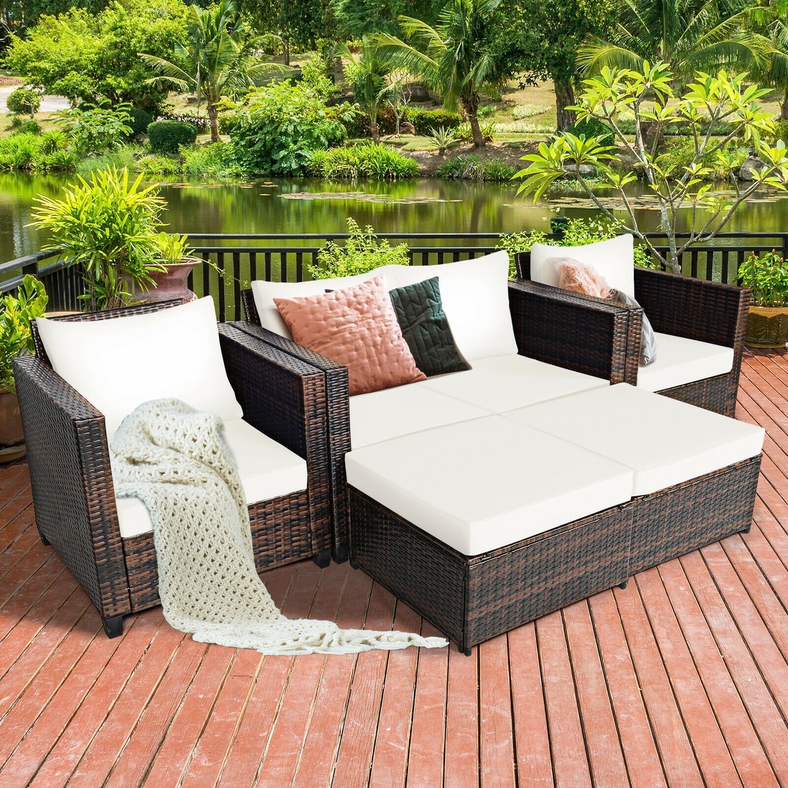 5 Pieces Patio Cushioned Rattan Furniture Set-Black