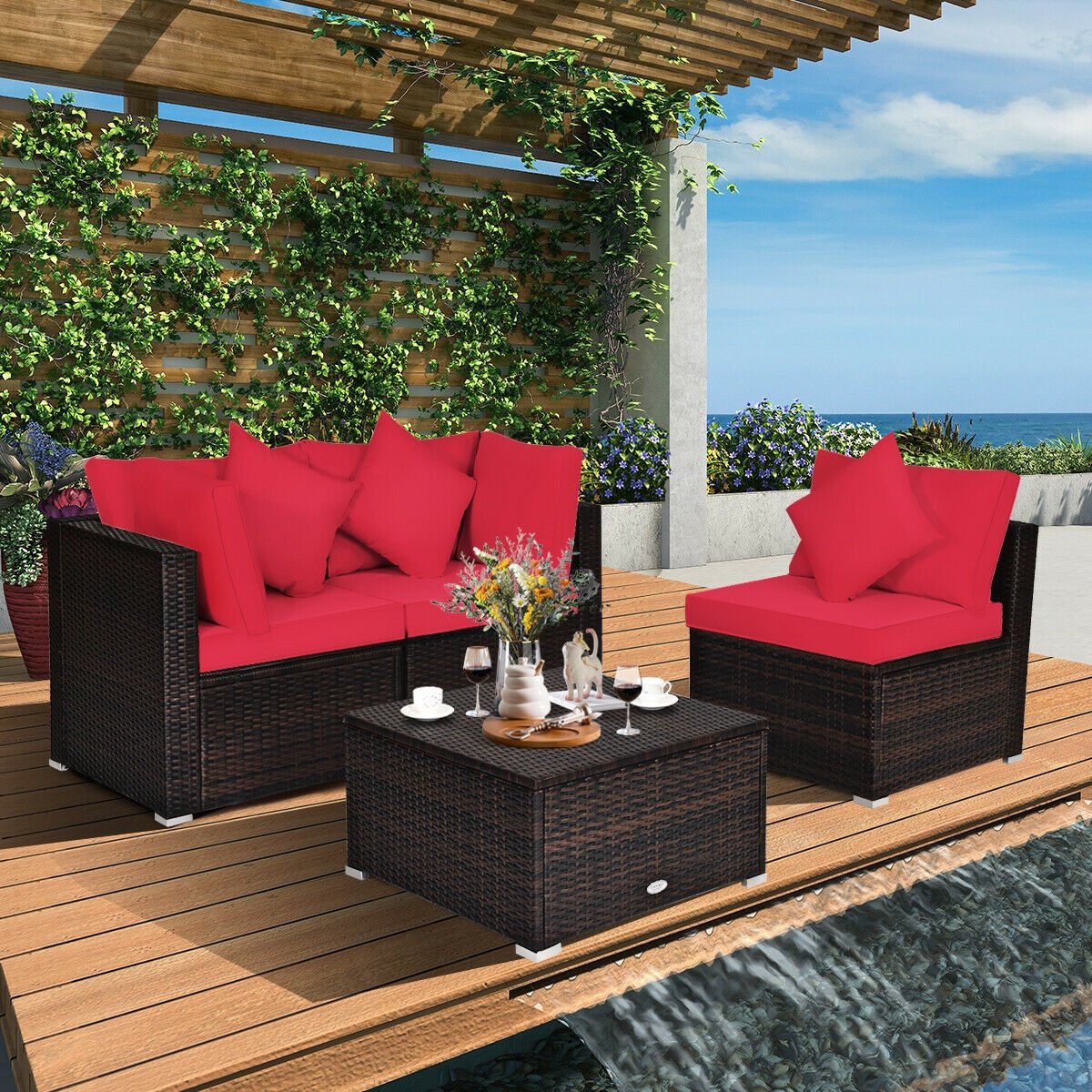 4 Pieces Ottoman Garden Patio Rattan Wicker Furniture Set with Cushion-Black