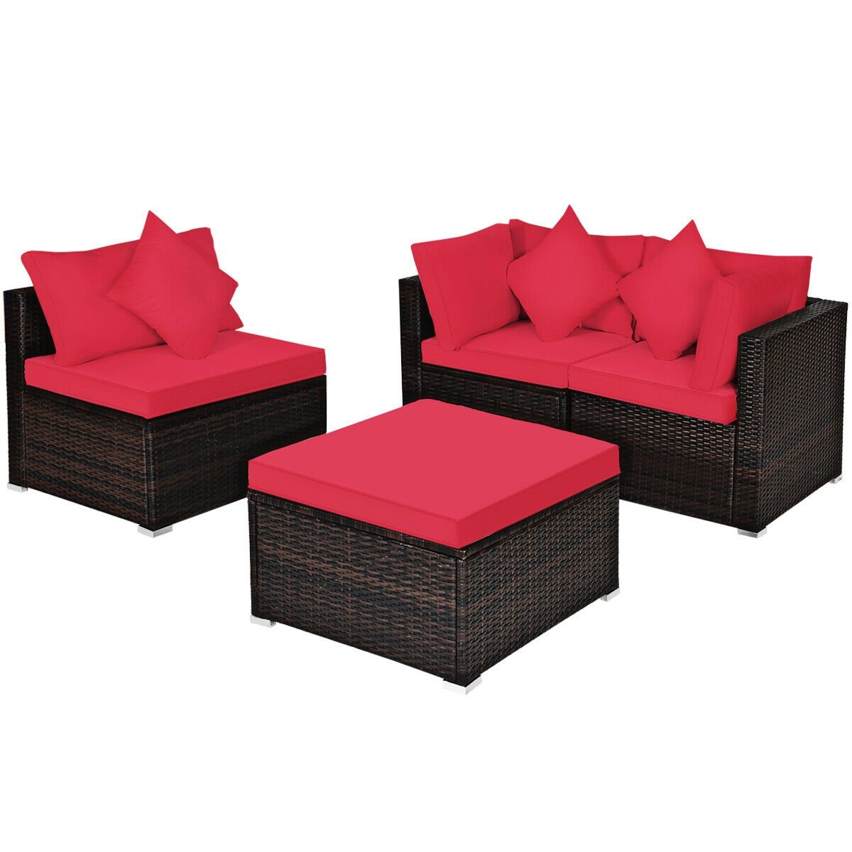 4 Pieces Ottoman Garden Patio Rattan Wicker Furniture Set with Cushion-Black