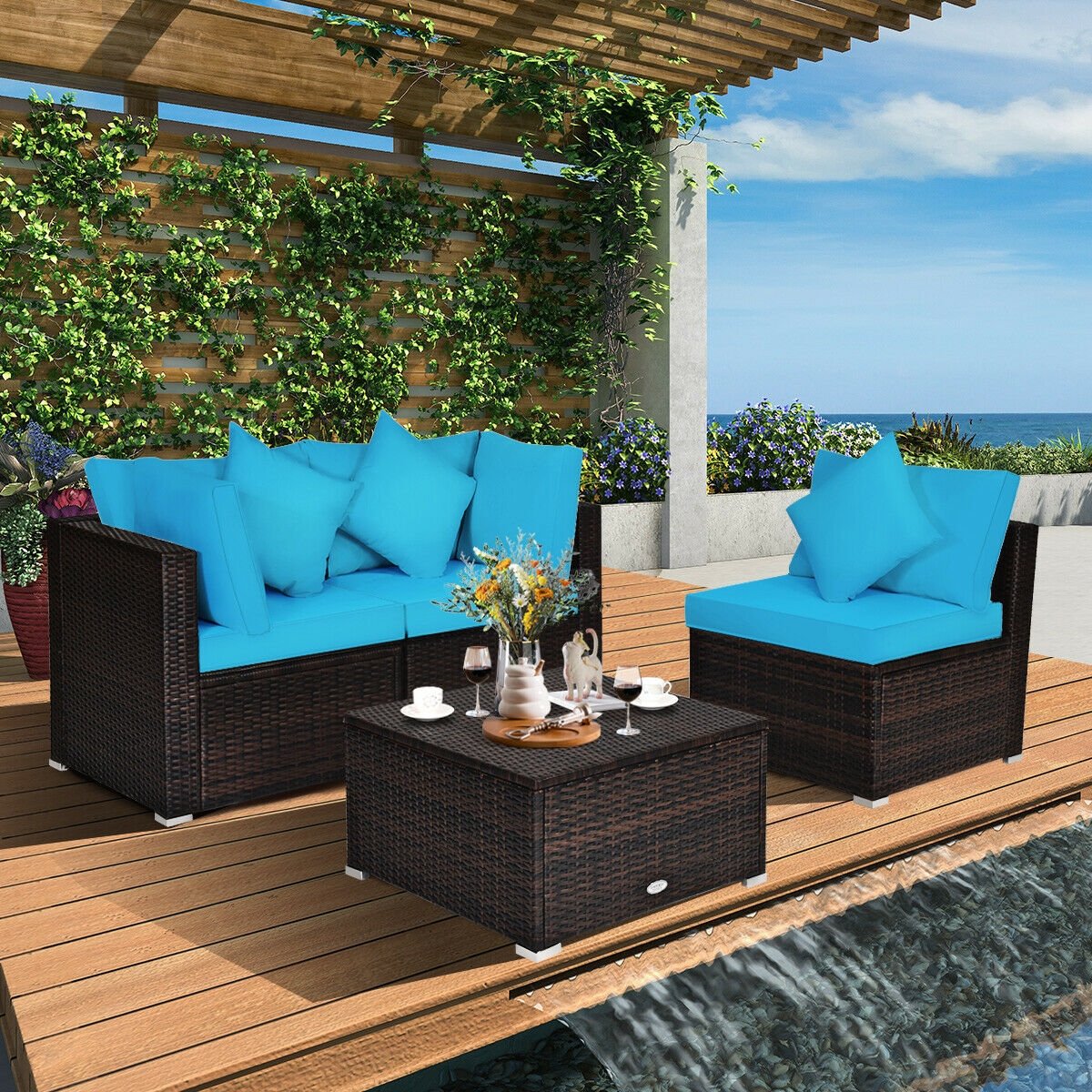 4 Pieces Ottoman Garden Patio Rattan Wicker Furniture Set with Cushion-Black