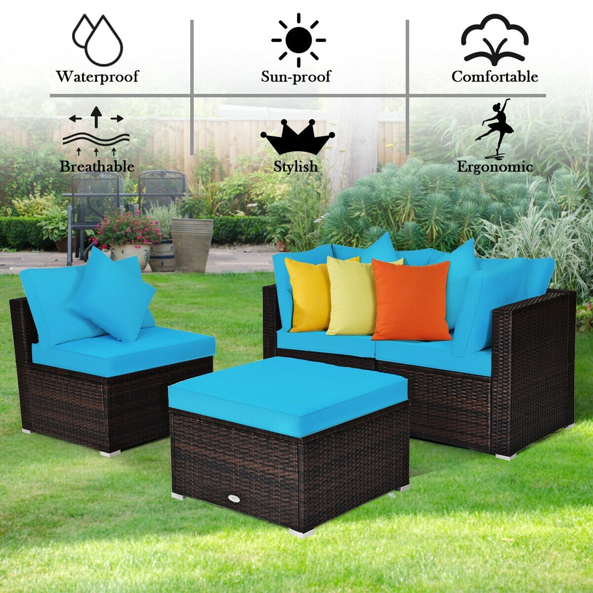 4 Pieces Ottoman Garden Patio Rattan Wicker Furniture Set with Cushion-Black