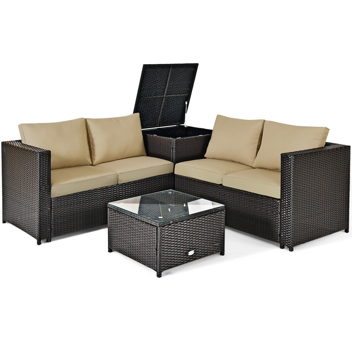 4 Pieces Outdoor Patio Rattan Furniture Set with Loveseat and Storage Box-Black