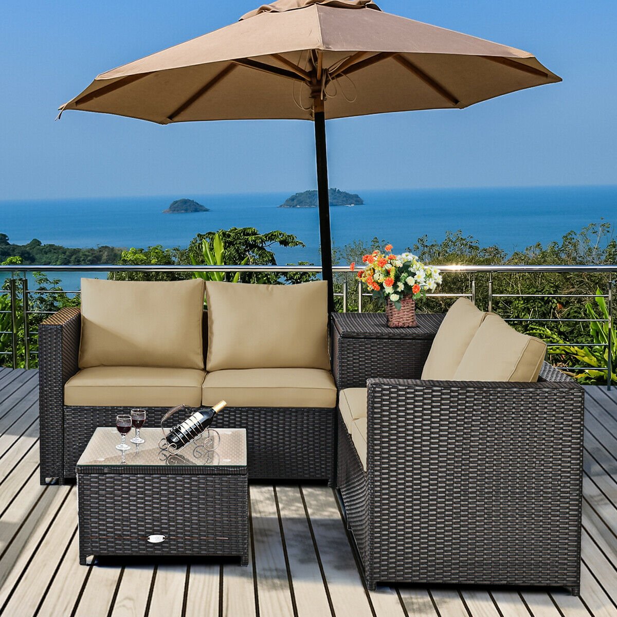 4 Pieces Outdoor Patio Rattan Furniture Set with Loveseat and Storage Box-Black