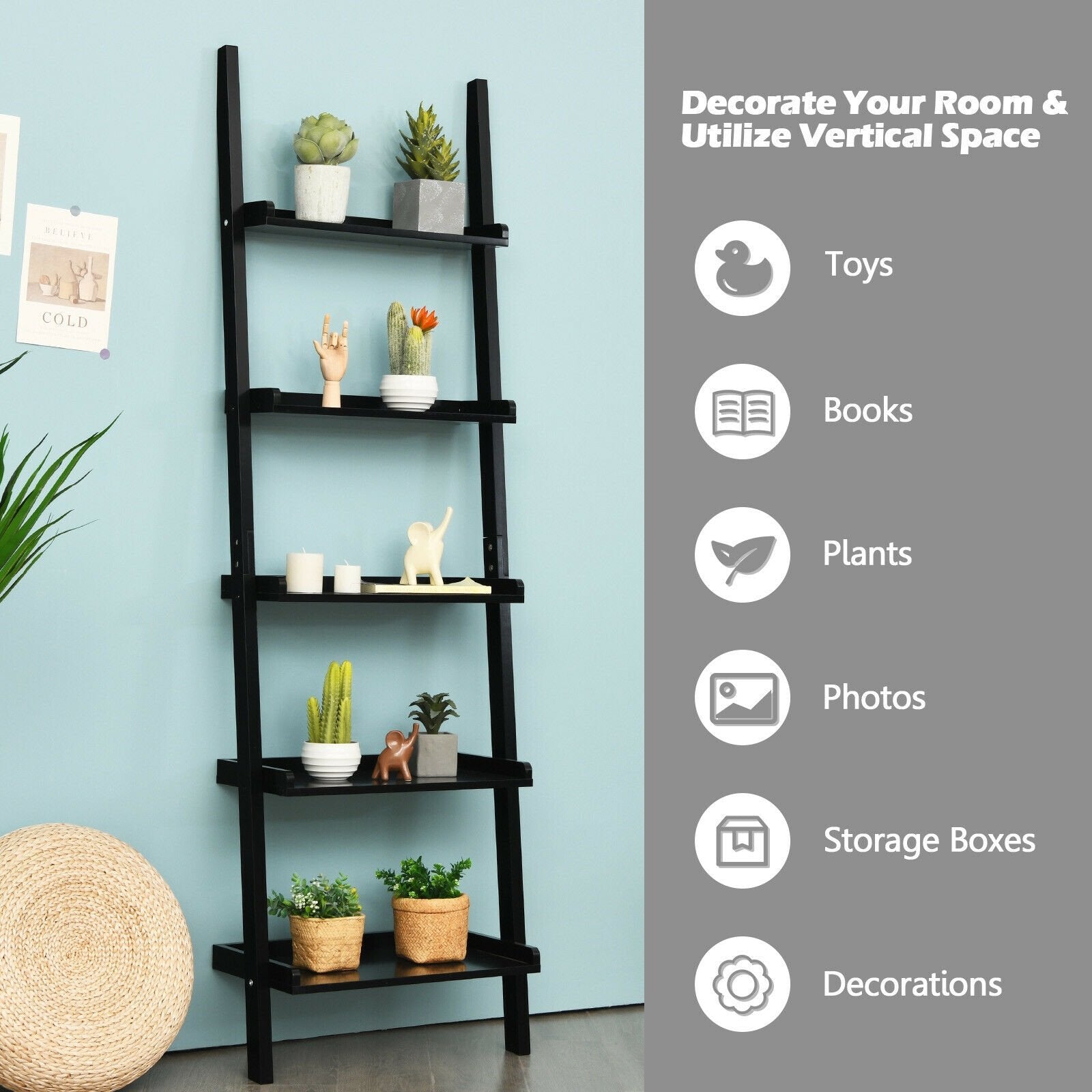 5-Tier Wall-leaning Ladder Shelf Display Rack for Plants and Books-Black