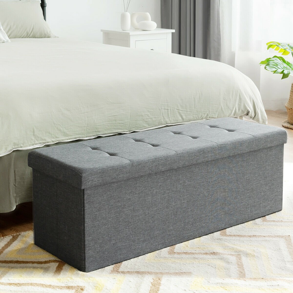 Large Fabric Folding Storage Chest with Smart lift Divider Bed End Ottoman Bench-Dark Gray