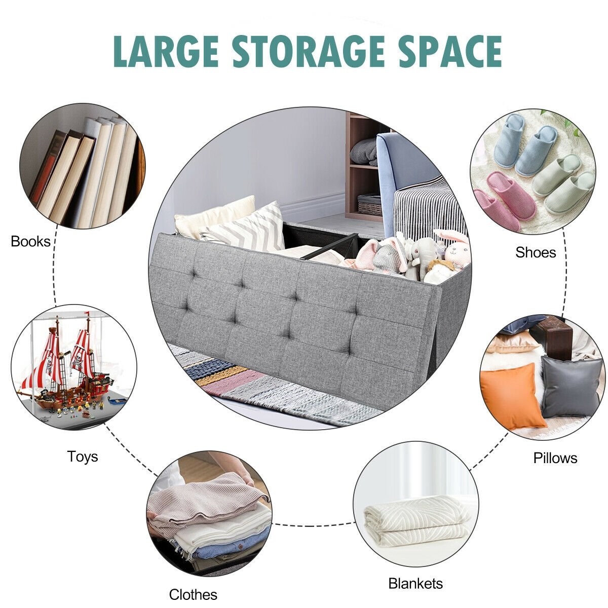 Large Fabric Folding Storage Chest with Smart lift Divider Bed End Ottoman Bench-Dark Gray