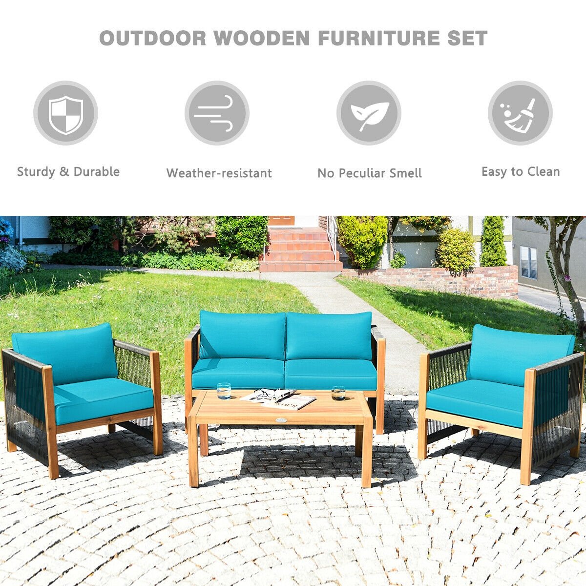 4 Pieces Acacia Wood Outdoor Patio Furniture Set