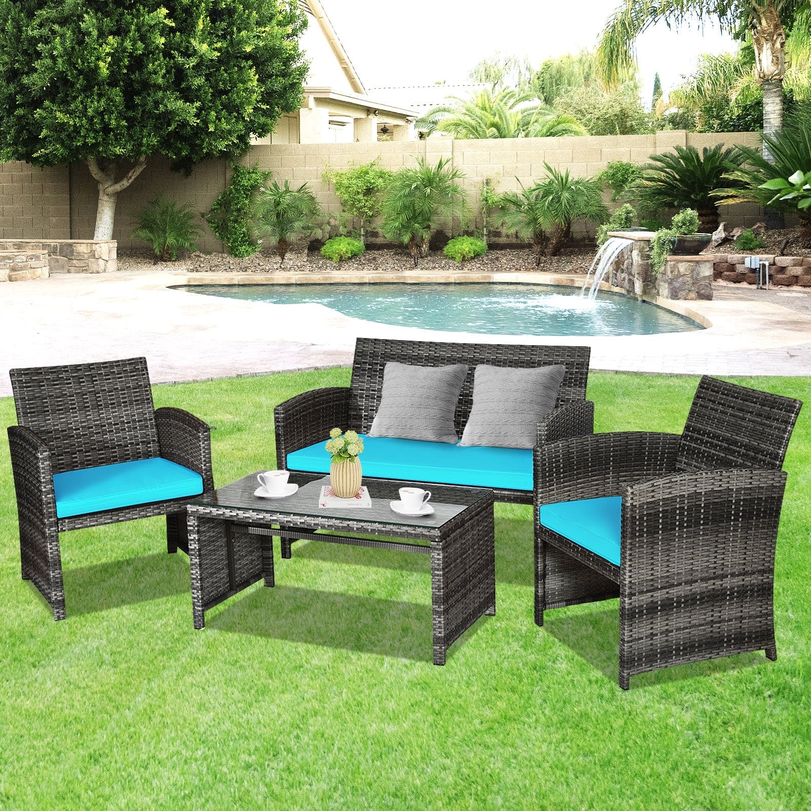 4 Pieces Patio Rattan Furniture Set with Glass Table and Loveseat-Black