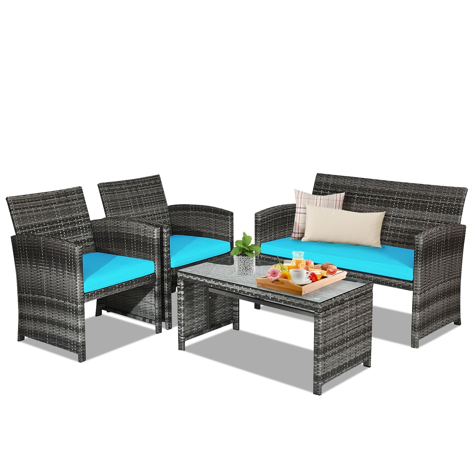 4 Pieces Patio Rattan Furniture Set with Glass Table and Loveseat-Black