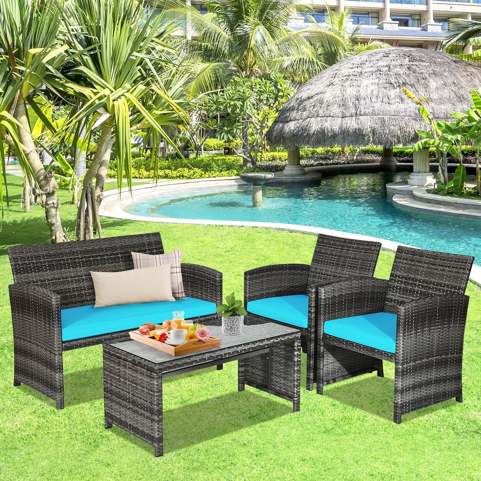 4 Pieces Patio Rattan Furniture Set with Glass Table and Loveseat-Black