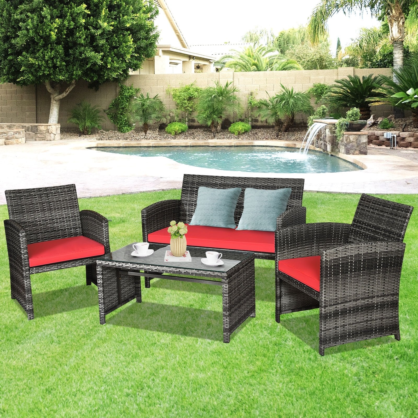 4 Pieces Patio Rattan Furniture Set with Glass Table and Loveseat-Black