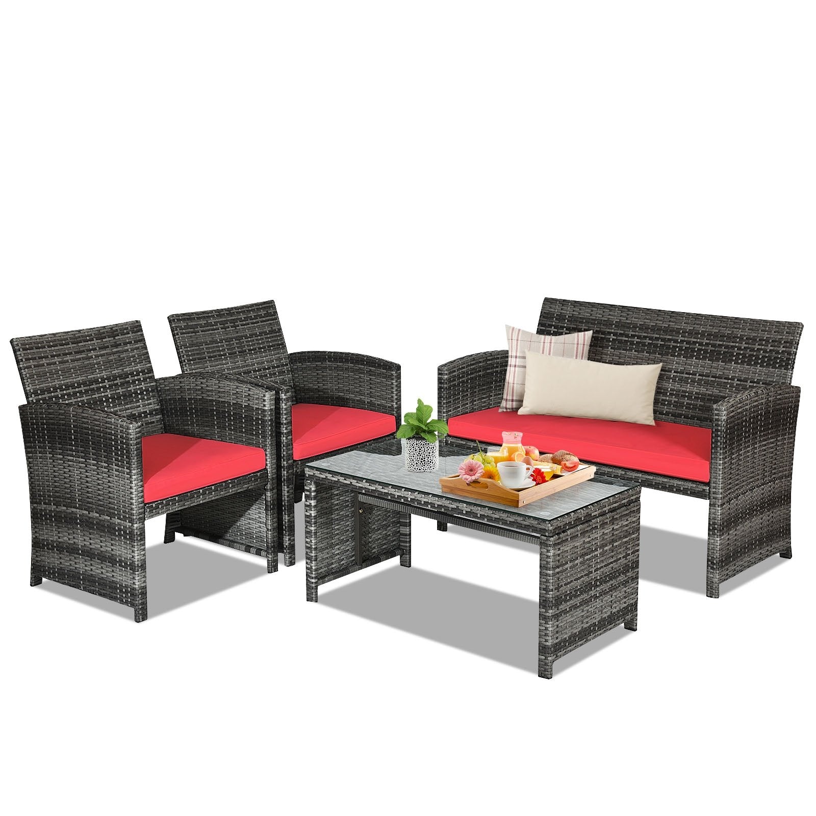 4 Pieces Patio Rattan Furniture Set with Glass Table and Loveseat-Black